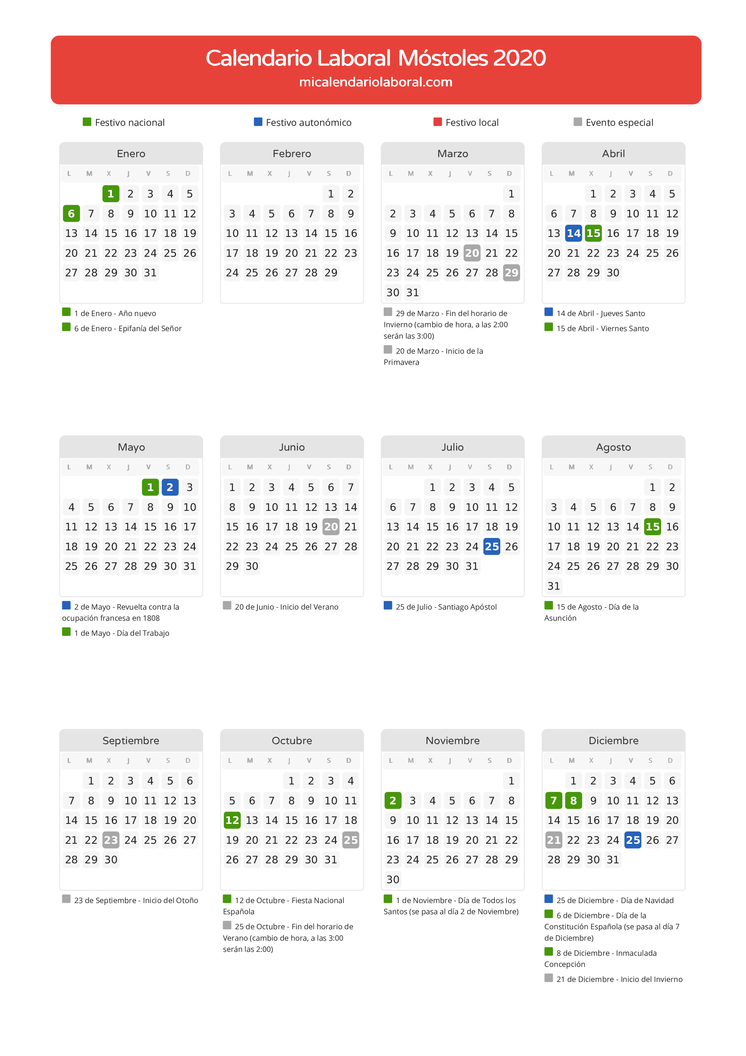 Calendario Laboral de Móstoles 2020 - Días festivos - Todos los festivos y días no laborables del calendario de Móstoles propuestos por Gobierno de la Comunidad de Madrid. Organiza tus vacaciones y puentes en 2020.