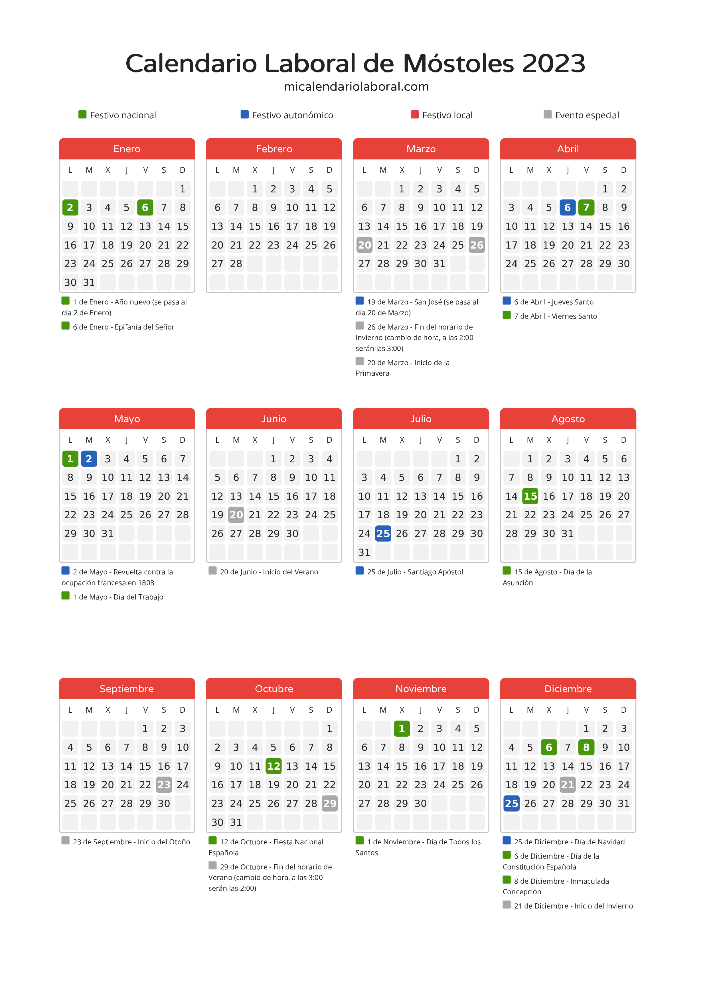 Calendario Laboral de Móstoles 2023 - Días festivos - Descubre todos los festivos, días no laborables y días inhábiles en el calendario de la provincia de Móstoles propuestos por Gobierno de la Comunidad de Madrid. Anticípate a los eventos y organiza tus vacaciones y puentes en 2023.