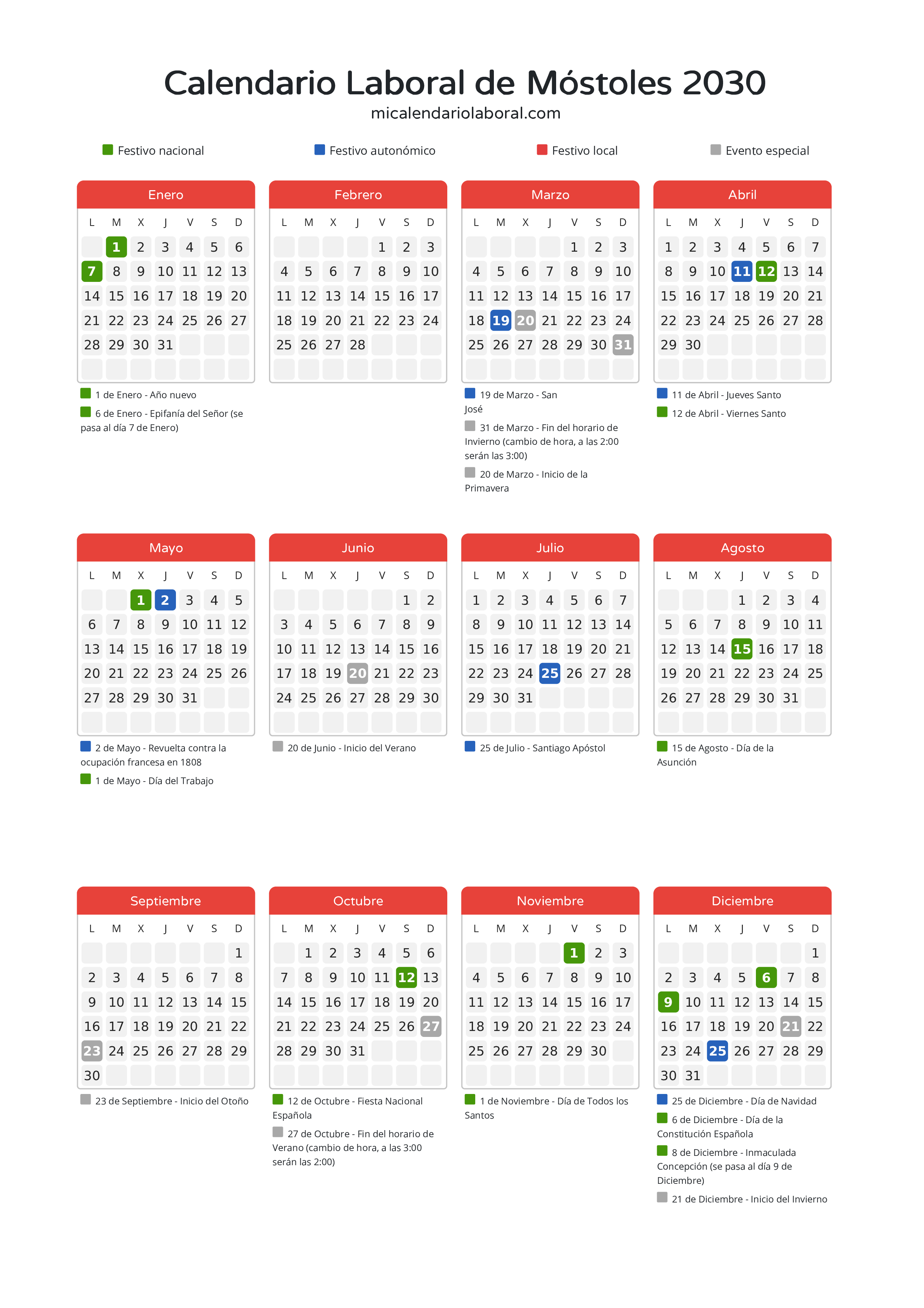 Calendario Laboral de Móstoles 2030 - Días festivos - Todos los festivos y días no laborables del calendario de Móstoles propuestos por Gobierno de la Comunidad de Madrid. Organiza tus vacaciones y puentes en 2030.