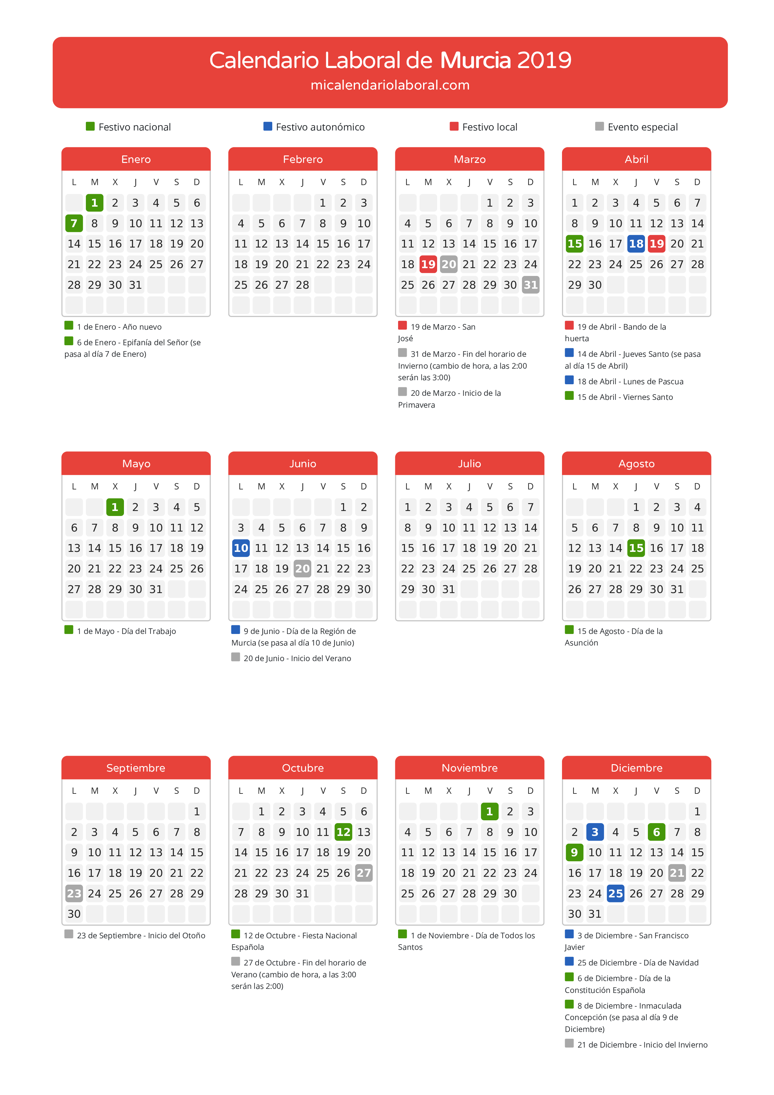 Calendario Laboral de Murcia 2019 - Días festivos - Descubre todos los festivos, días no laborables y días inhábiles en el calendario de Murcia propuestos por Gobierno de la Región Murcia. Organiza tus vacaciones y puentes en 2019.