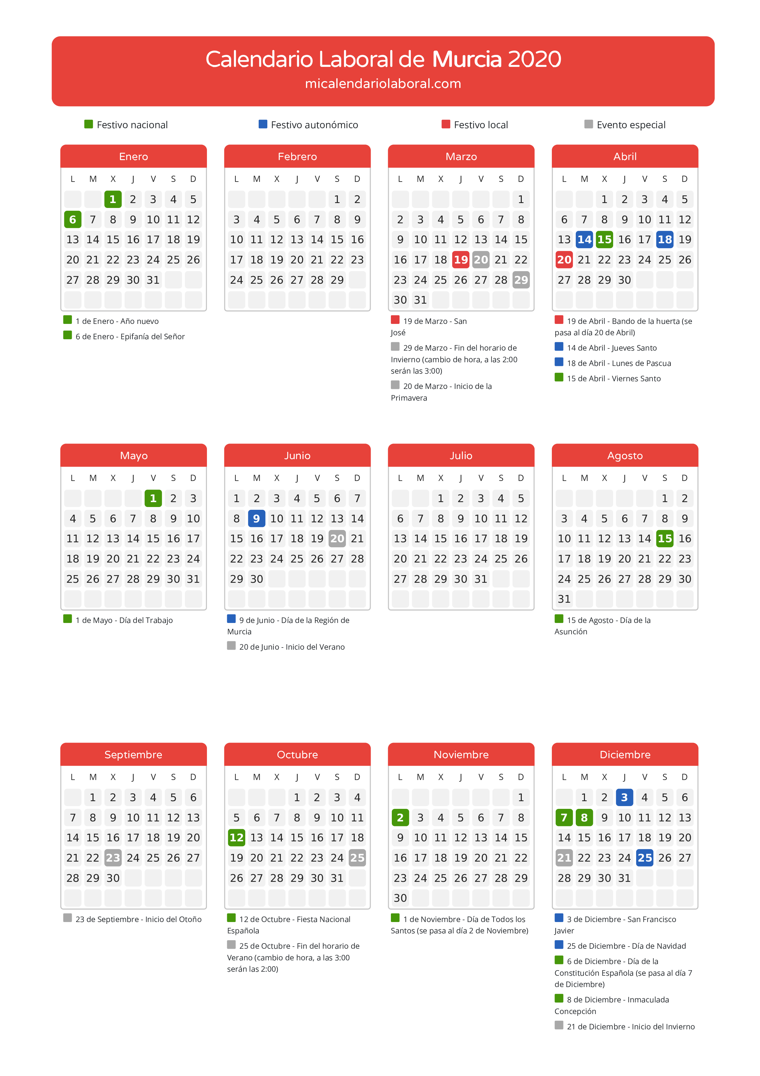 Calendario Laboral de Murcia 2020 - Días festivos - Descubre todos los festivos, días no laborables y días inhábiles en el calendario de Murcia propuestos por Gobierno de la Región Murcia. Organiza tus vacaciones y puentes en 2020.