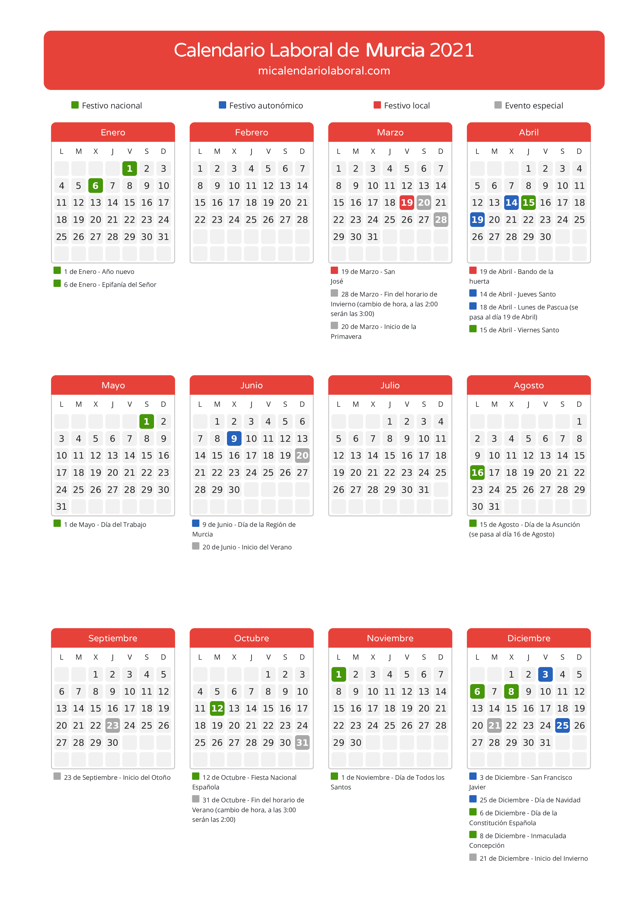 Calendario Laboral de Murcia 2021 - Días festivos - Descubre todos los festivos, días no laborables y días inhábiles en el calendario de Murcia propuestos por Gobierno de la Región Murcia. Organiza tus vacaciones y puentes en 2021.