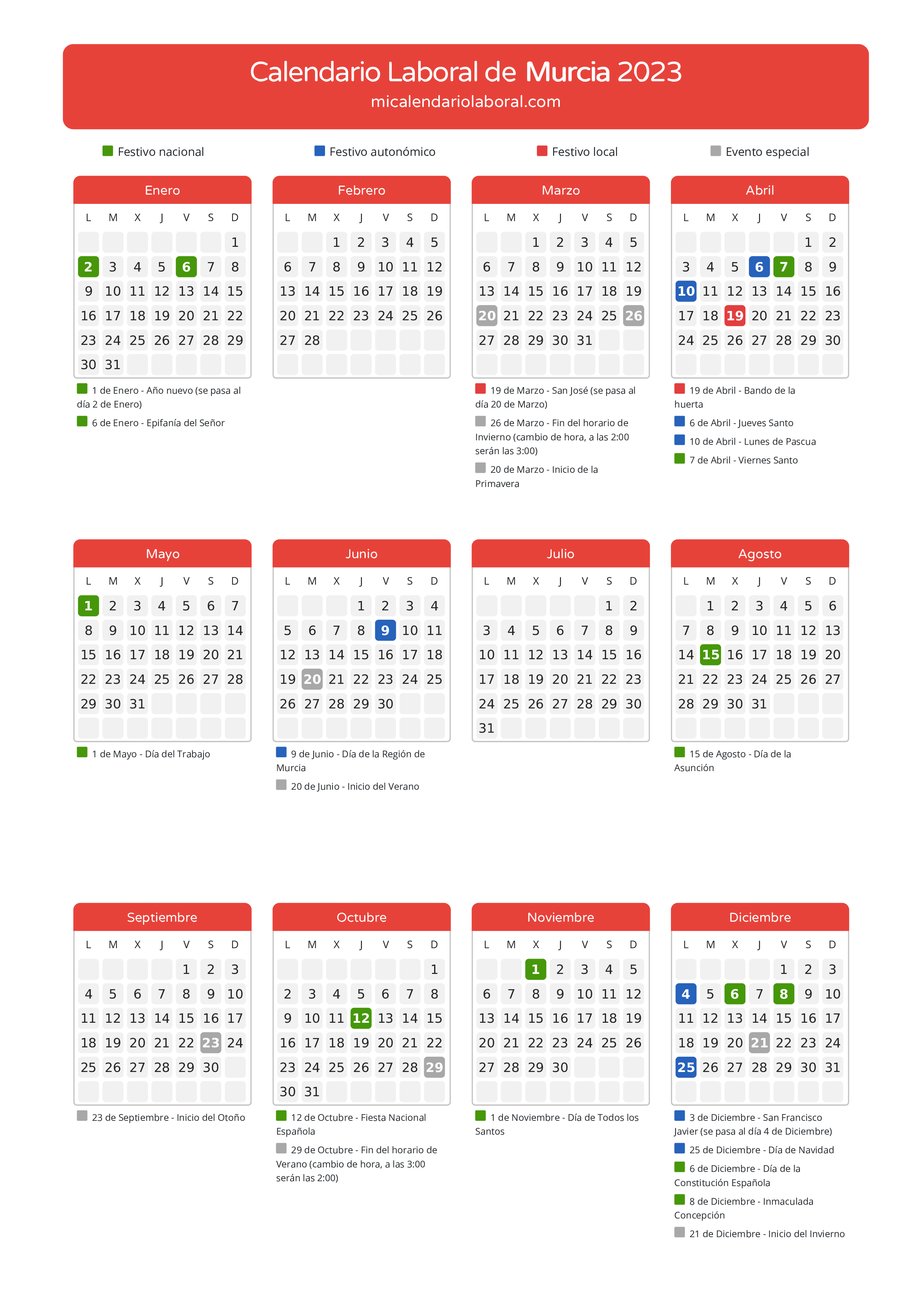 Calendario Laboral de Murcia 2023 - Días festivos - Descubre todos los festivos, días no laborables y días inhábiles en el calendario de la provincia de Murcia propuestos por Gobierno de la Región Murcia. Anticípate a los eventos y organiza tus vacaciones y puentes en 2023.