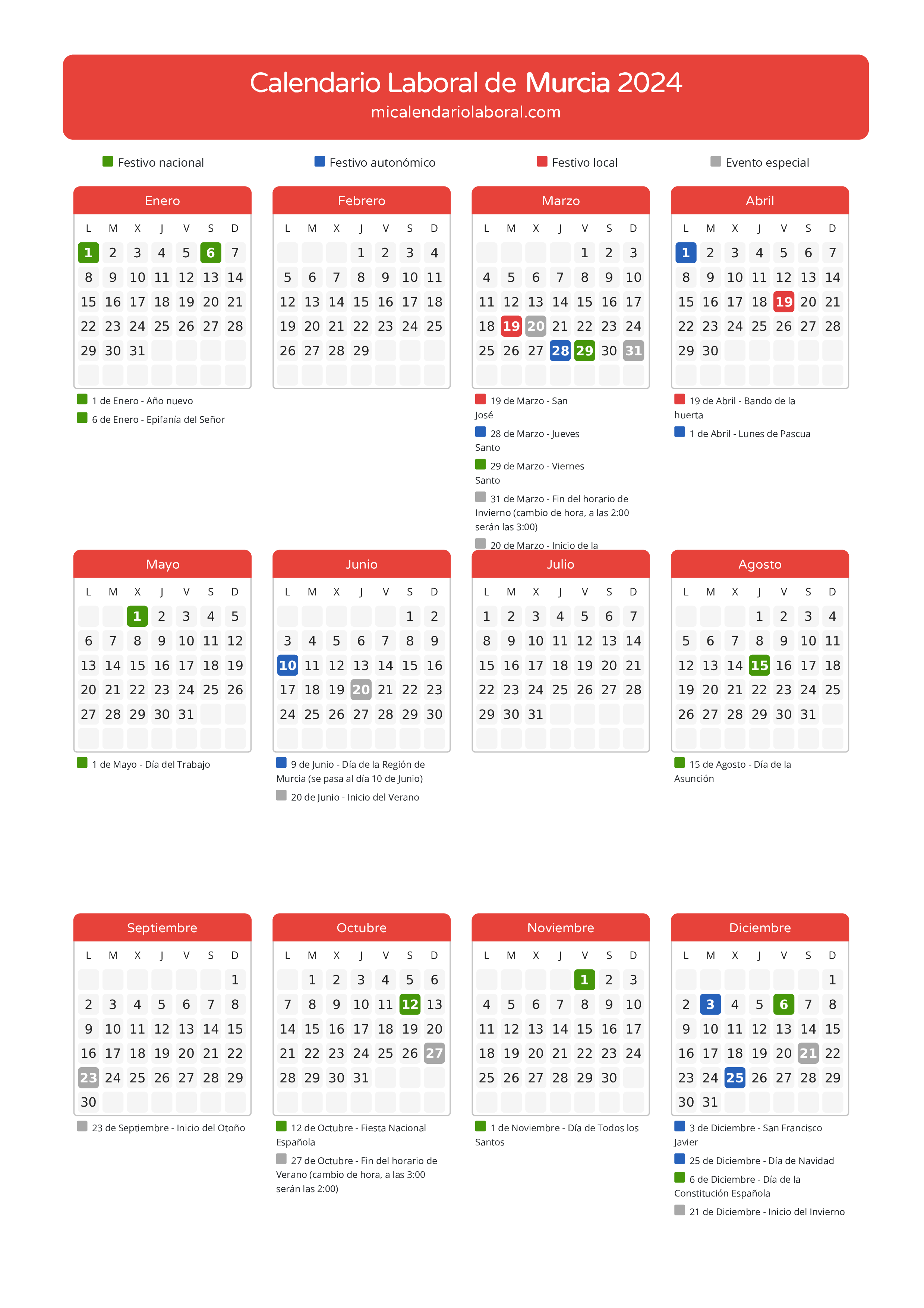 Calendario Laboral de Murcia 2024 - Días festivos - Descubre todos los festivos, días no laborables y días inhábiles en el calendario de la provincia de Murcia propuestos por Gobierno de la Región Murcia. Anticípate a los eventos y organiza tus vacaciones y puentes en 2024.