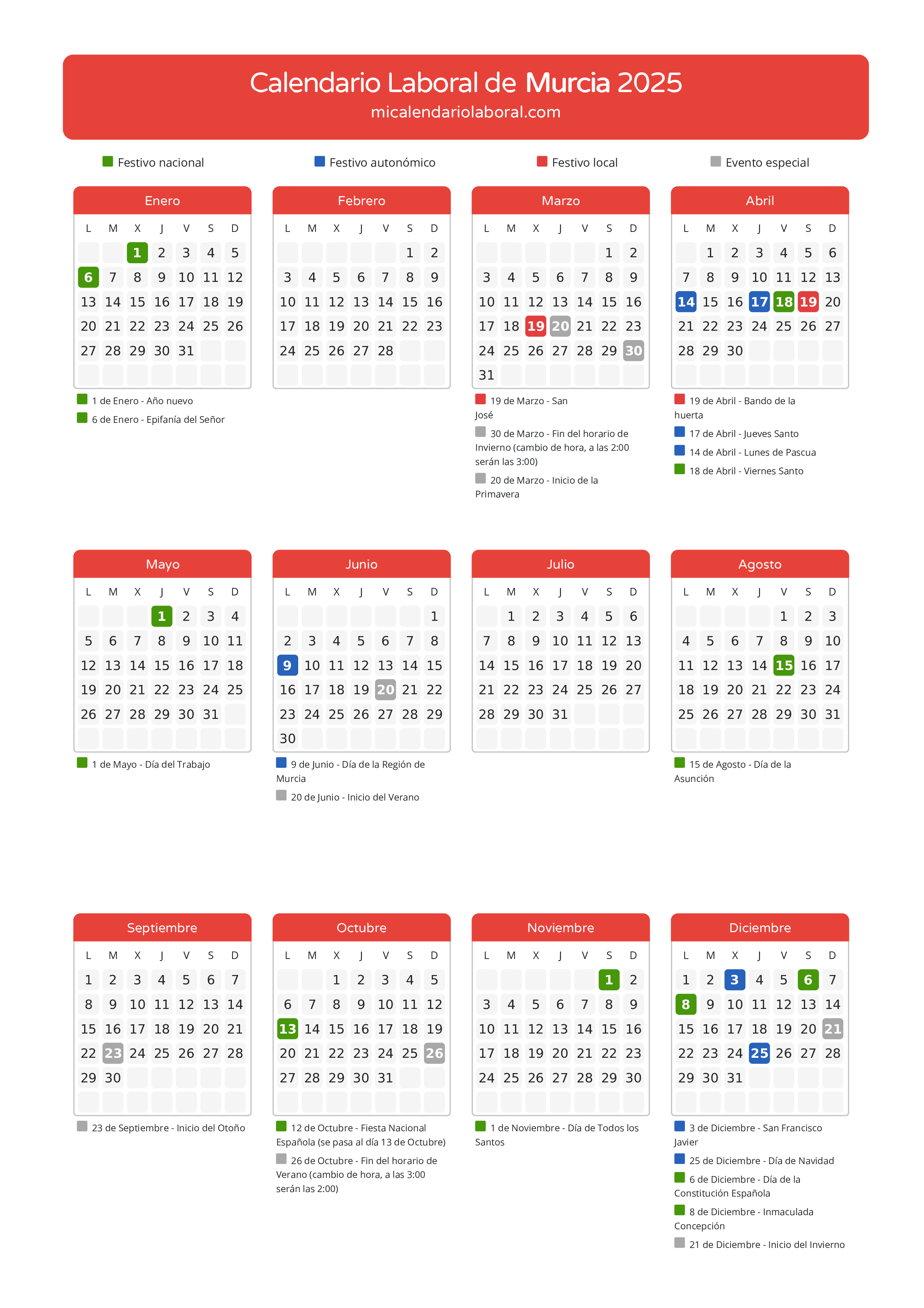 Calendario Laboral de Murcia 2025 - Días festivos - Descubre todos los festivos, días no laborables y días inhábiles en el calendario de la provincia de Murcia propuestos por Gobierno de la Región Murcia. Anticípate a los eventos y organiza tus vacaciones y puentes en 2025.