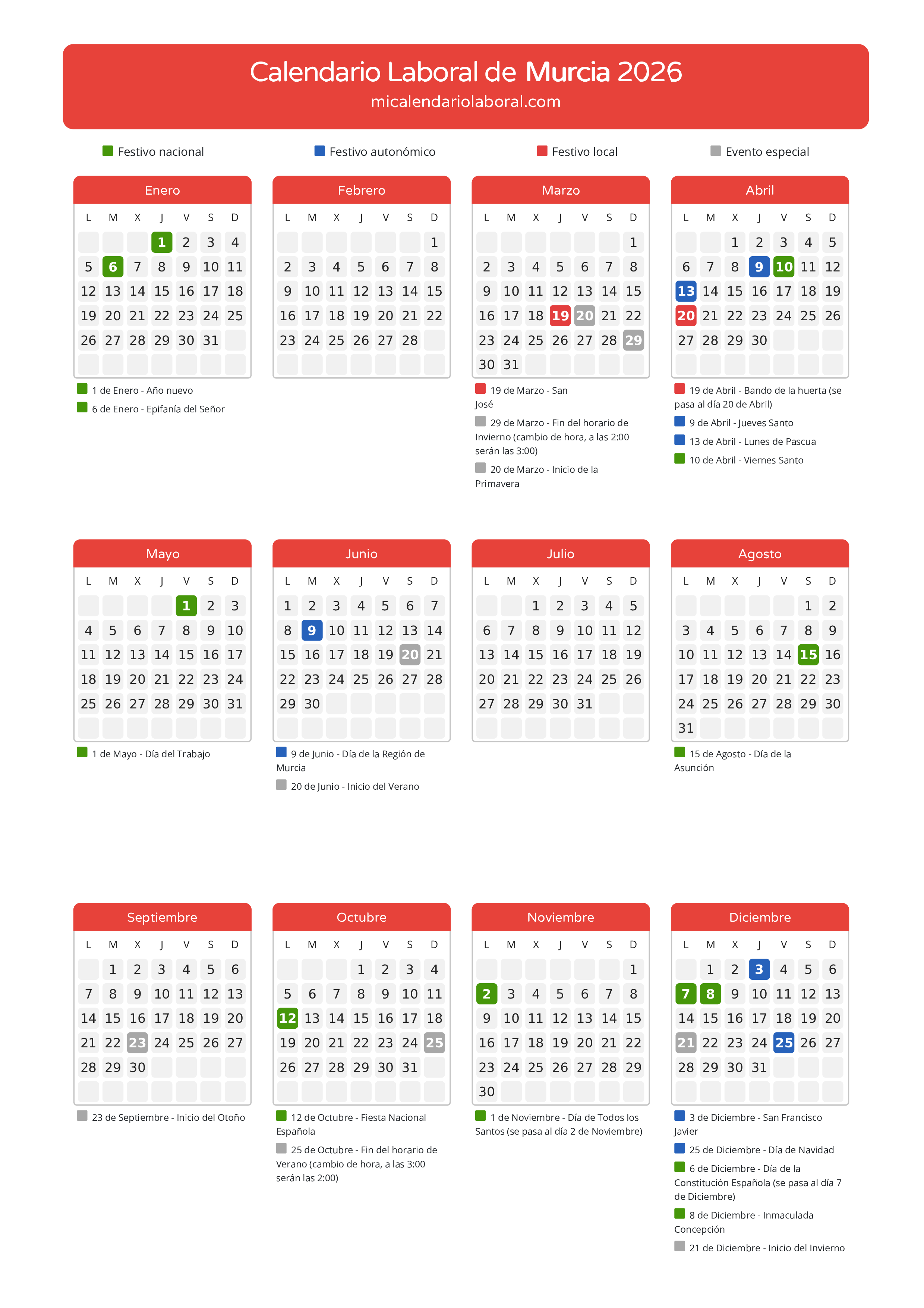 Calendario Laboral de Murcia 2026 - Días festivos - Descubre todos los festivos, días no laborables y días inhábiles en el calendario de Murcia propuestos por Gobierno de la Región Murcia. Organiza tus vacaciones y puentes en 2026.