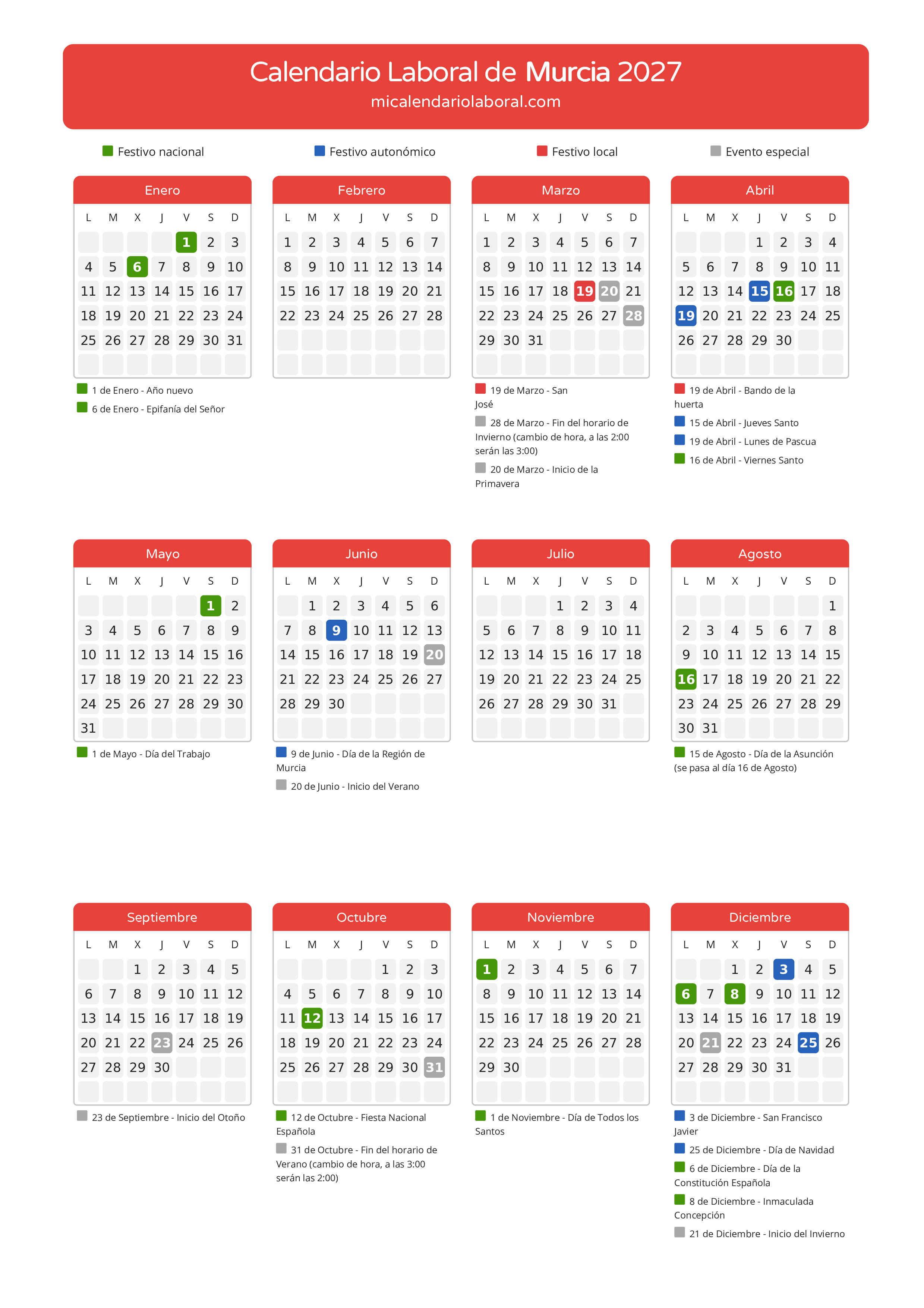 Calendario Laboral de Murcia 2027 - Días festivos - Descubre todos los festivos, días no laborables y días inhábiles en el calendario de Murcia propuestos por Gobierno de la Región Murcia. Organiza tus vacaciones y puentes en 2027.