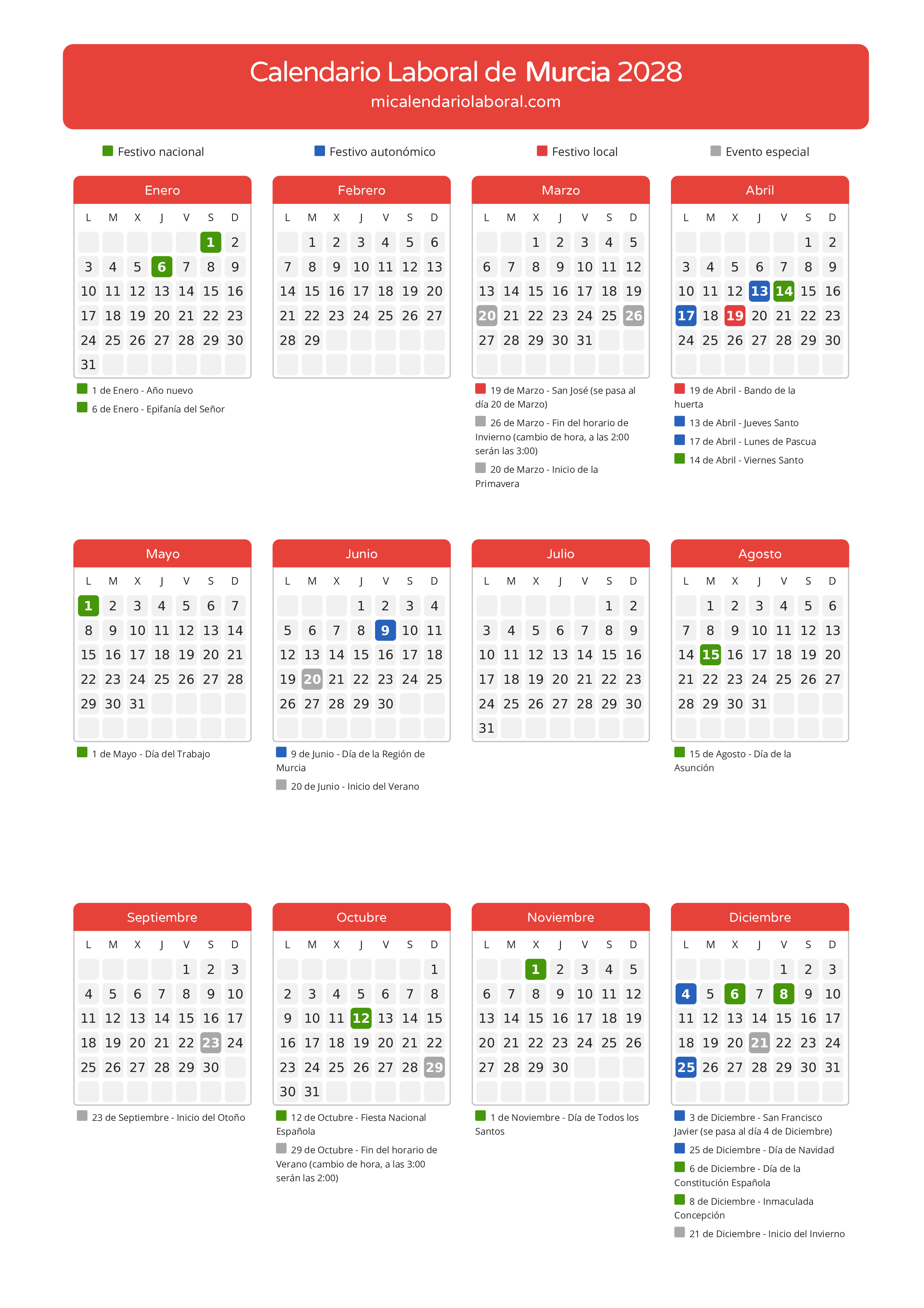 Calendario Laboral de Murcia 2028 - Días festivos - Descubre todos los festivos, días no laborables y días inhábiles en el calendario de Murcia propuestos por Gobierno de la Región Murcia. Organiza tus vacaciones y puentes en 2028.