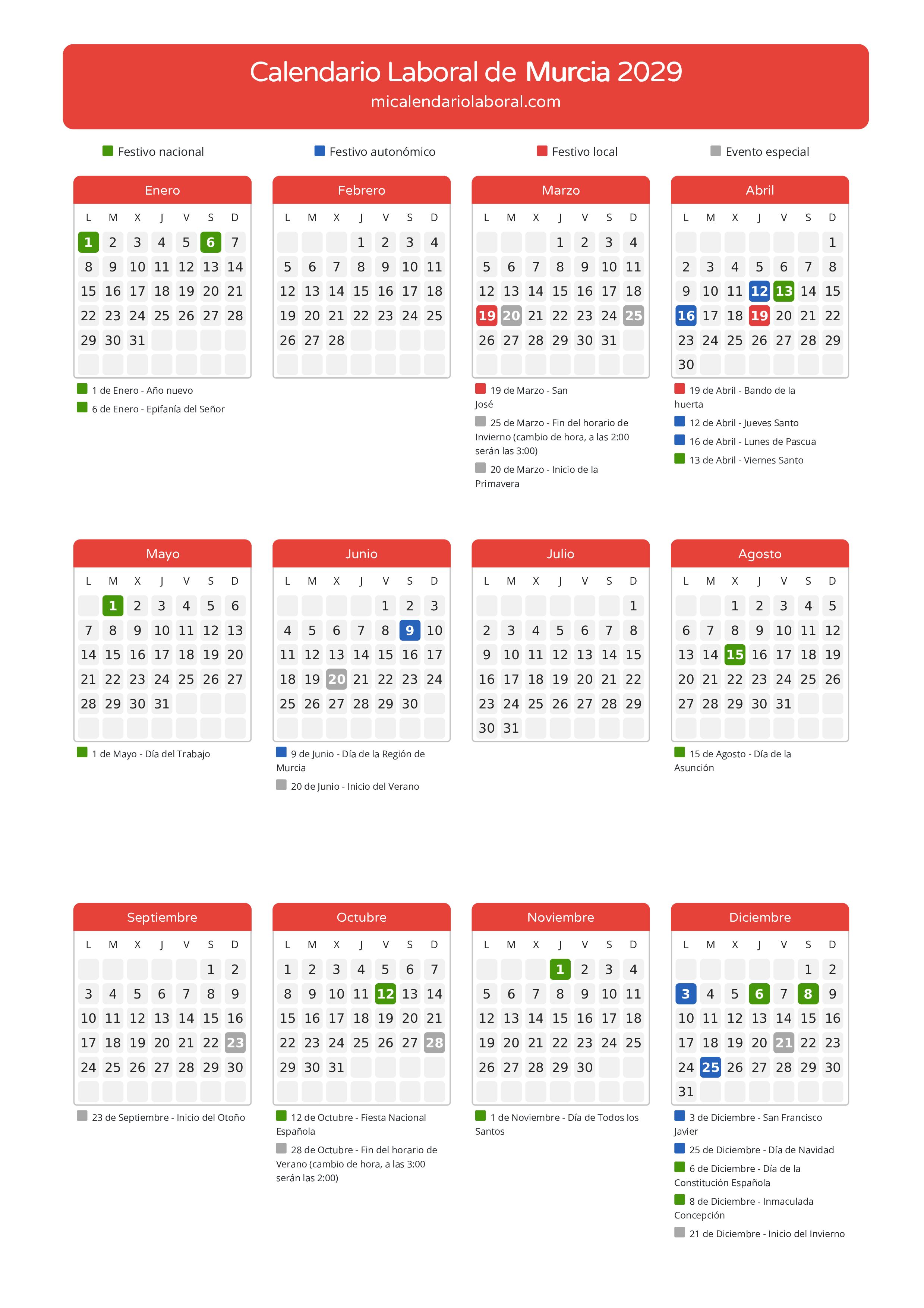 Calendario Laboral de Murcia 2029 - Días festivos - Descubre todos los festivos, días no laborables y días inhábiles en el calendario de Murcia propuestos por Gobierno de la Región Murcia. Organiza tus vacaciones y puentes en 2029.