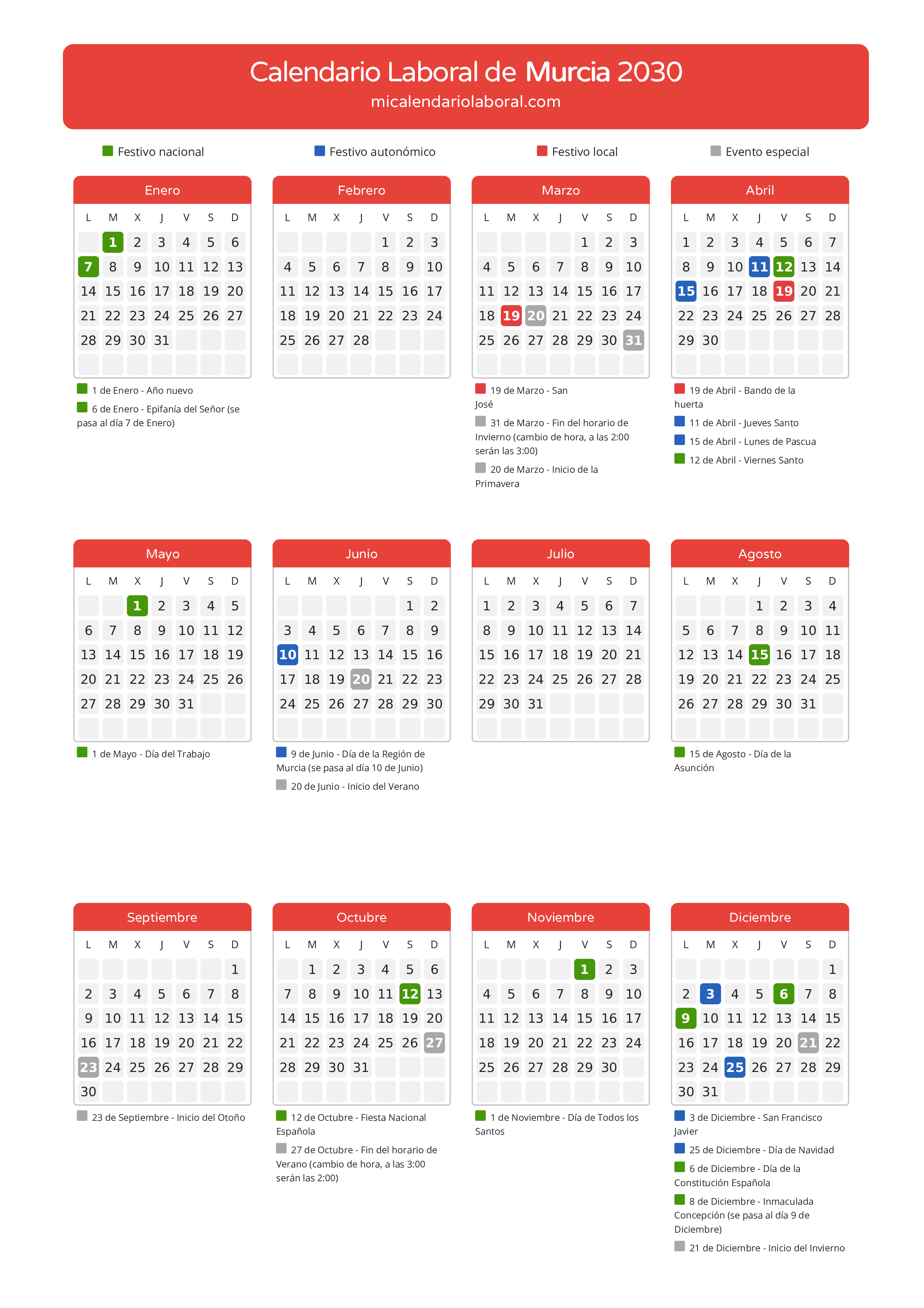 Calendario Laboral de Murcia 2030 - Días festivos - Todos los festivos y días no laborables del calendario de Murcia propuestos por Gobierno de la Región Murcia. Organiza tus vacaciones y puentes en 2030.