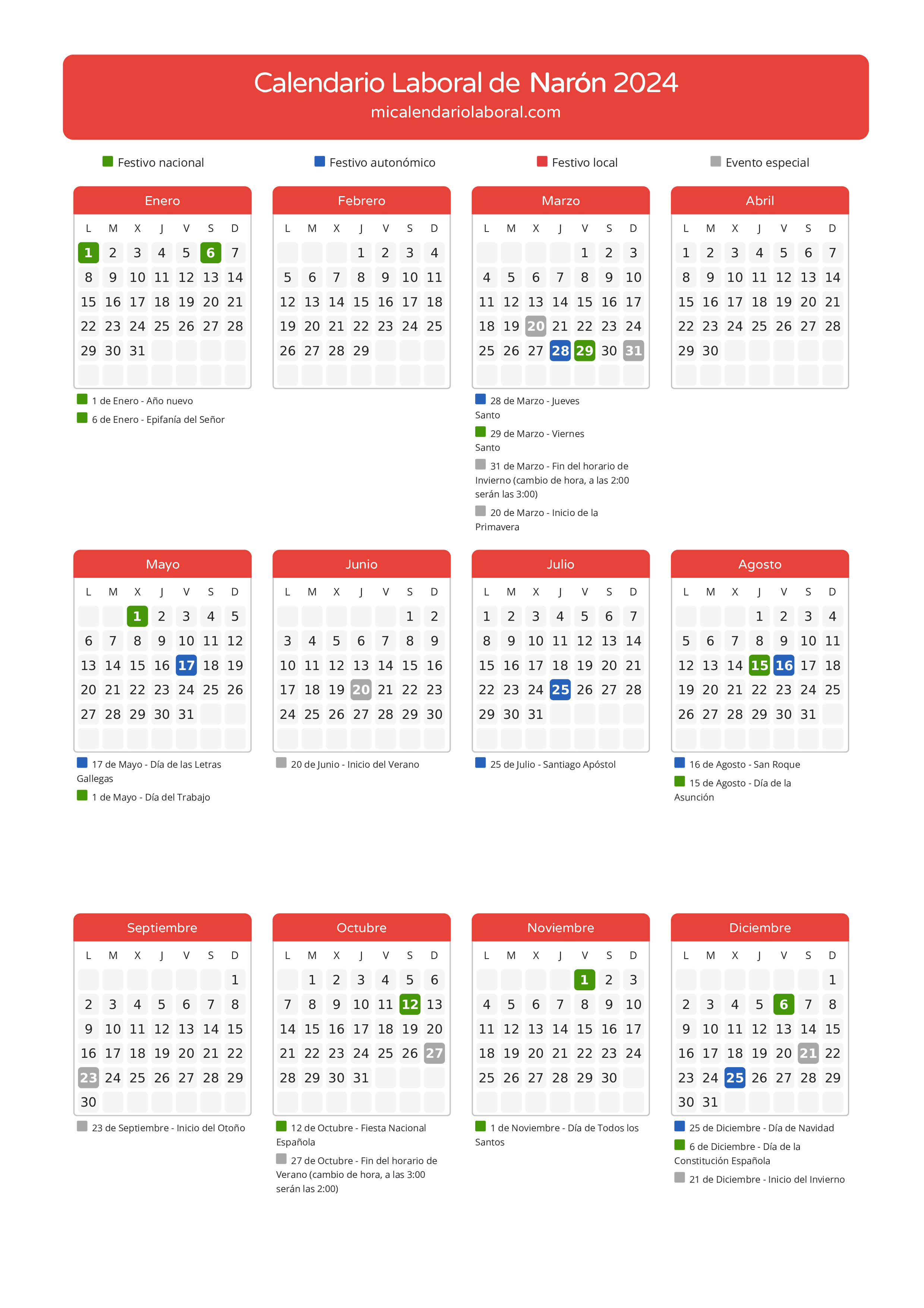 Calendario Laboral de Narón 2024 - Días festivos - Descubre todos los festivos, días no laborables y días inhábiles en el calendario de la provincia de Narón propuestos por Xunta de Galicia. Anticípate a los eventos y organiza tus vacaciones y puentes en 2024.