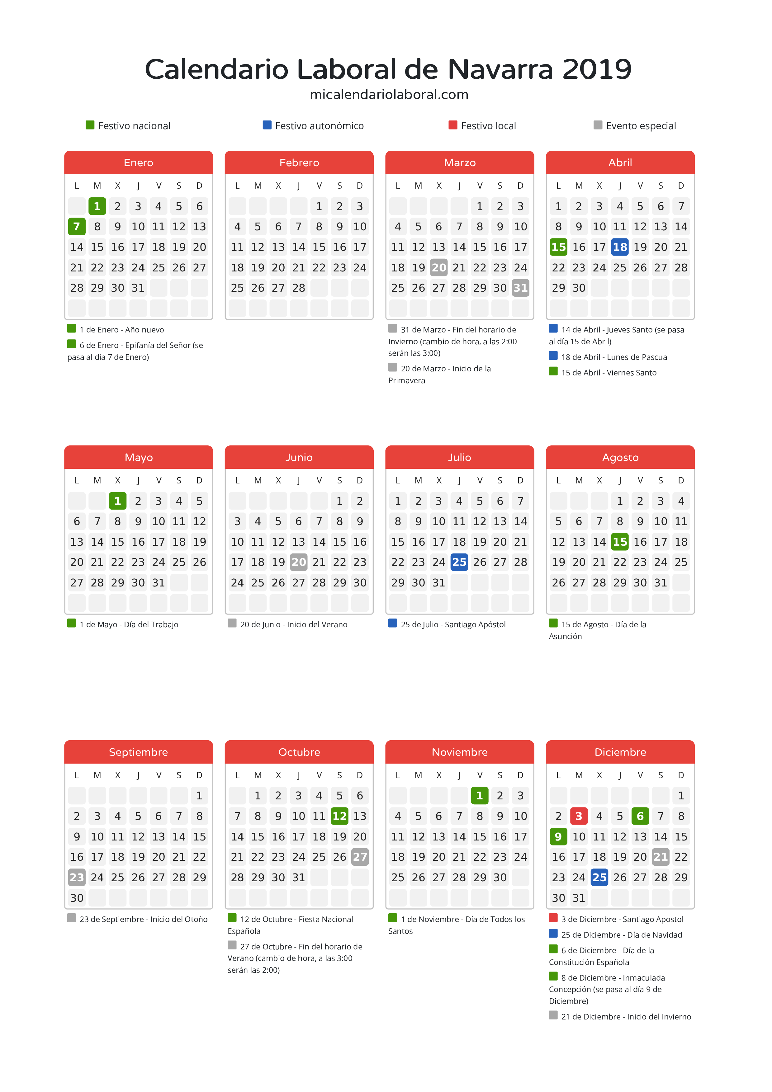 Calendario Laboral de Navarra 2019 - Días festivos - Descubre todos los festivos, días no laborables y días inhábiles en el calendario de Navarra propuestos por Gobierno de Navarra. Organiza tus vacaciones y puentes en 2019.