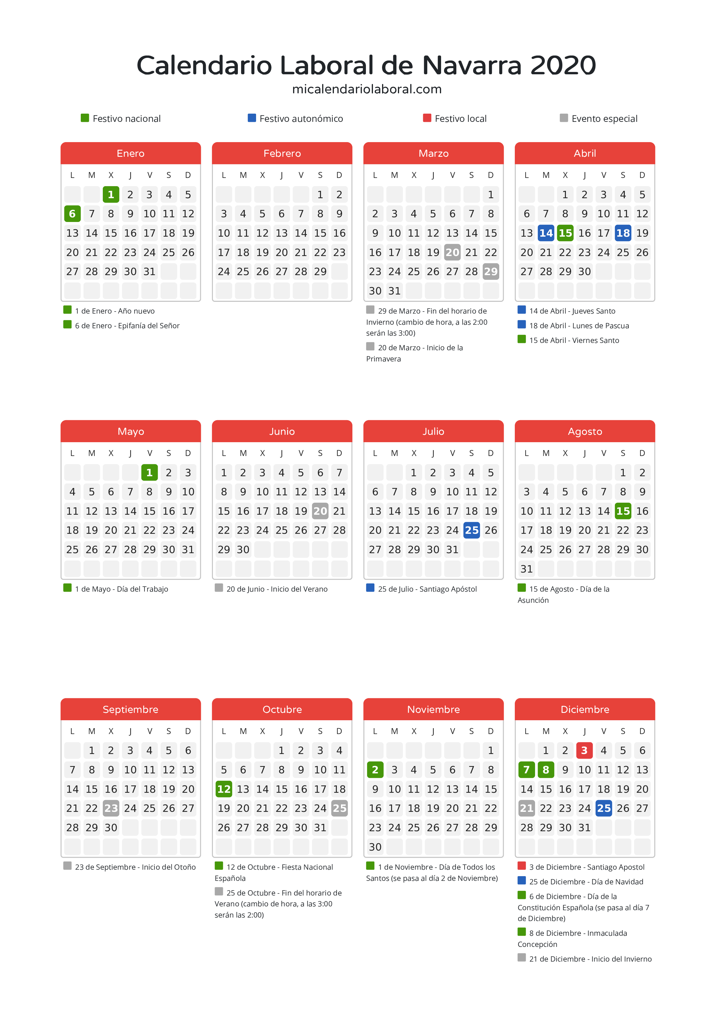 Calendario Laboral de Navarra 2020 - Días festivos - Todos los festivos y días no laborables del calendario de Navarra propuestos por Gobierno de Navarra. Organiza tus vacaciones y puentes en 2020.