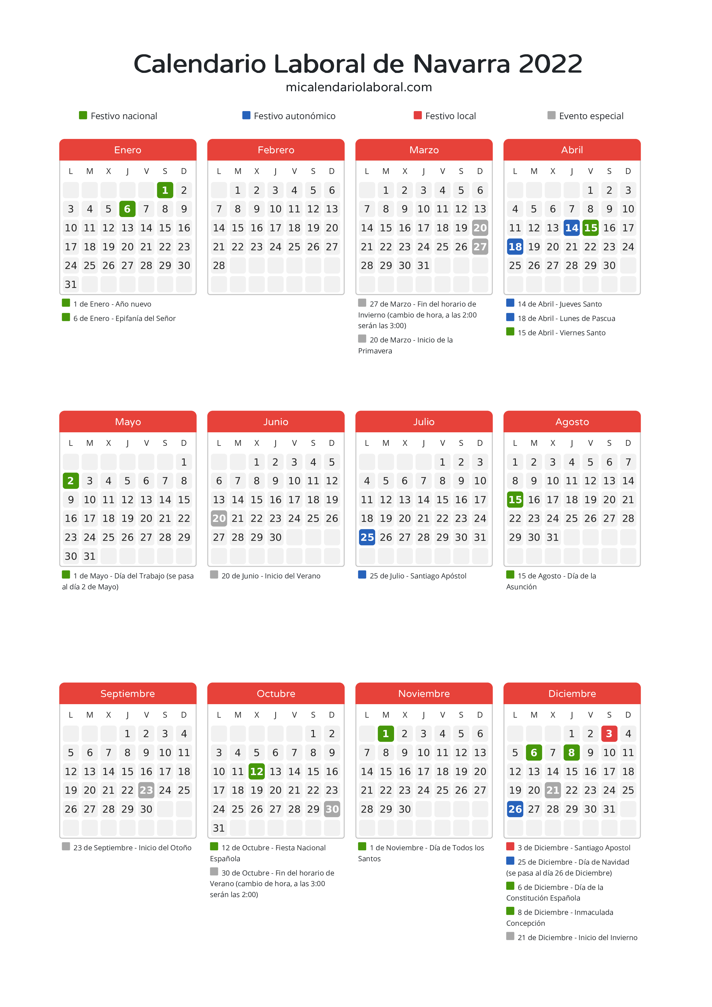 Calendario Laboral de Navarra 2022 - Días festivos - Descubre todos los festivos, días no laborables y días inhábiles en el calendario de Navarra propuestos por Gobierno de Navarra. Organiza tus vacaciones y puentes en 2022.