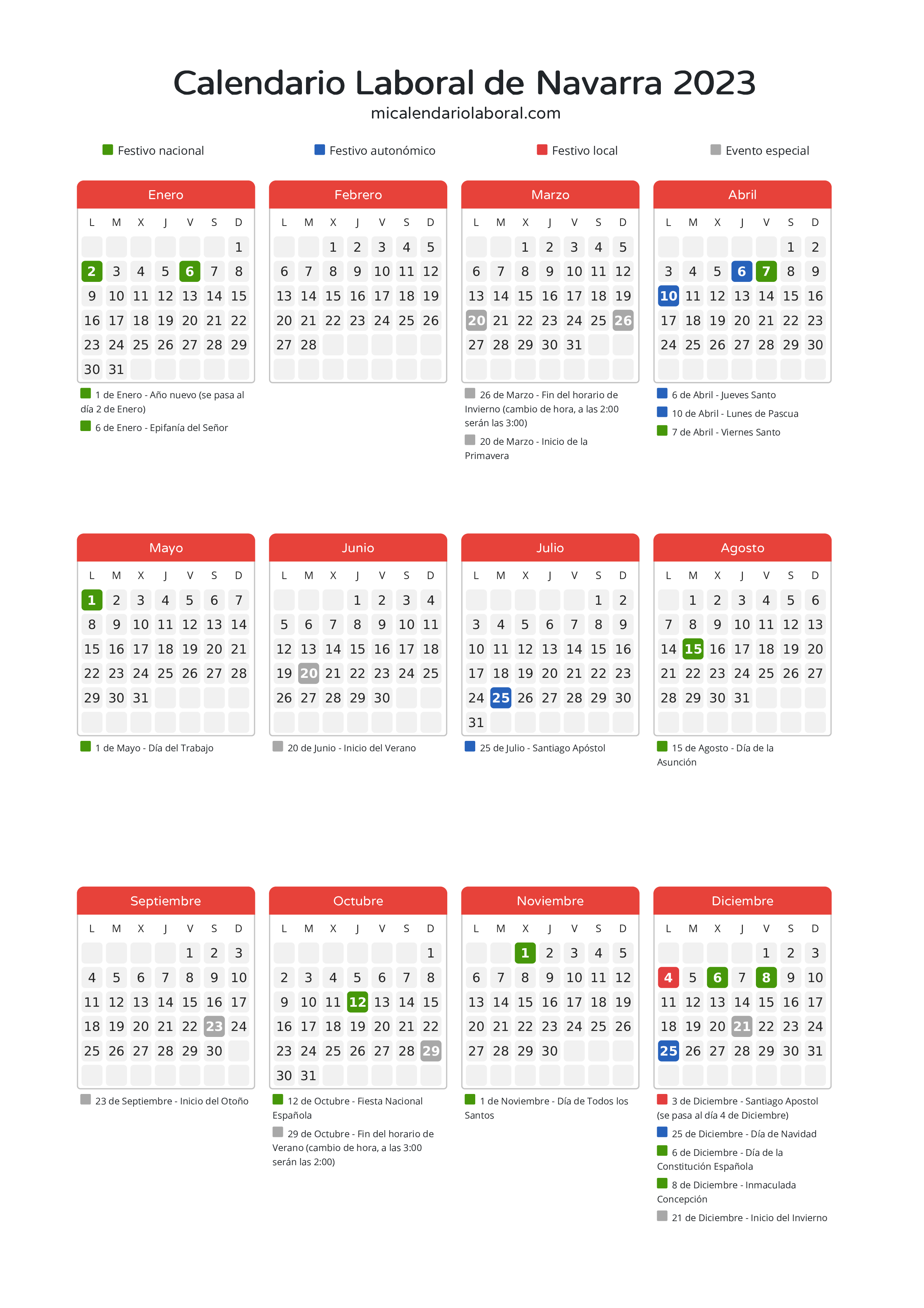 Calendario Laboral de Navarra 2023 - Días festivos - Aquí tienes todos los días festivos, no laborables y días inhábiles de la provincia del calendario de Navarra del año 2023