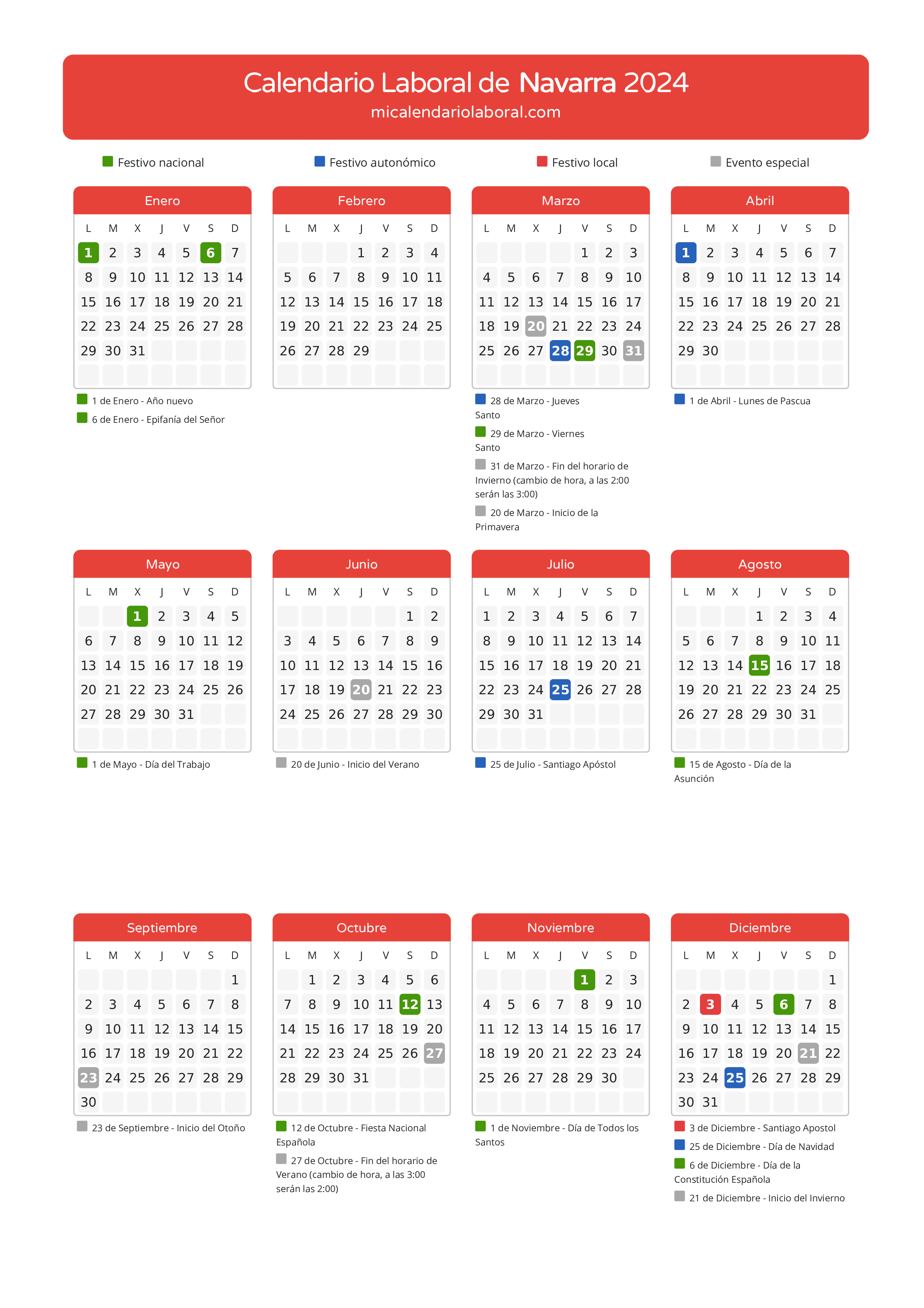 Calendario Laboral de Navarra 2024 - Días festivos - Aquí tienes todos los días festivos, no laborables y días inhábiles de la provincia del calendario de Navarra del año 2024