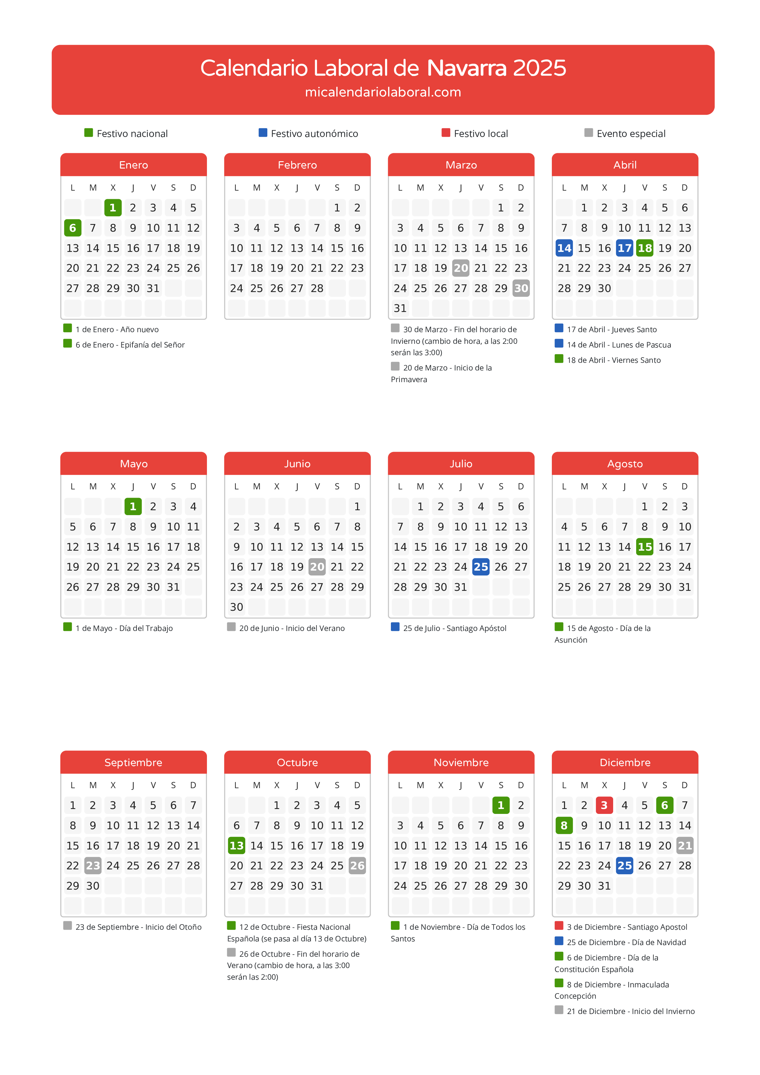 Calendario Laboral de Navarra 2025 - Días festivos - Aquí tienes todos los días festivos, no laborables y días inhábiles de la provincia del calendario de Navarra del año 2025