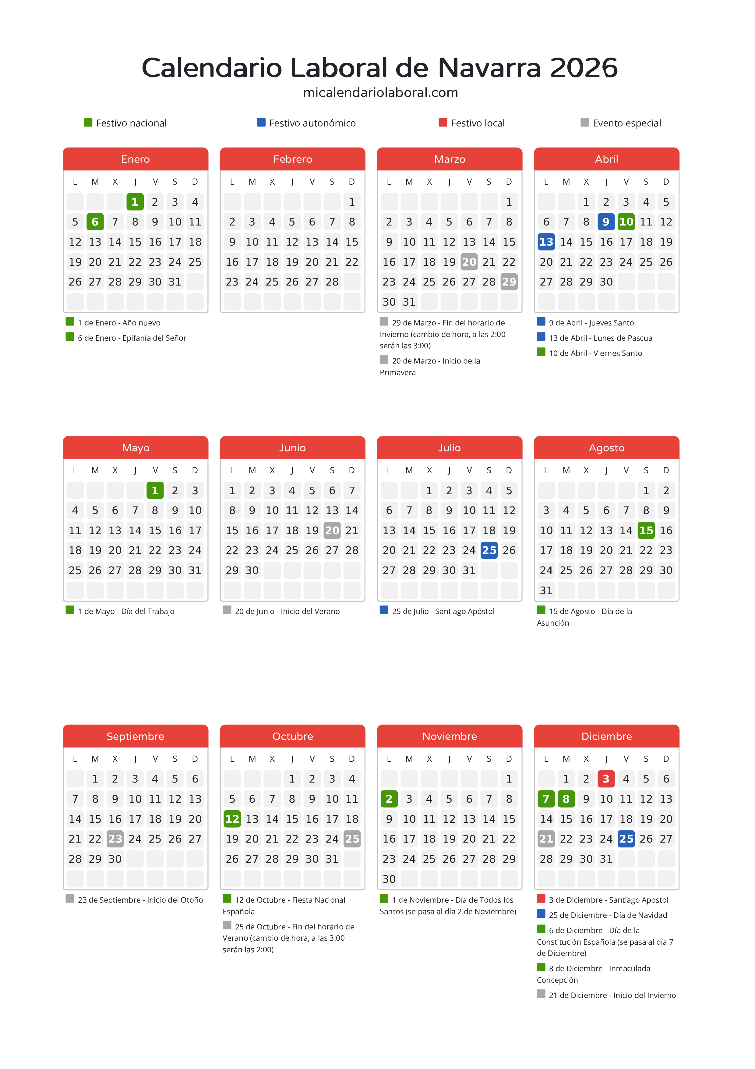 Calendario Laboral de Navarra 2026 - Días festivos - Descubre todos los festivos, días no laborables y días inhábiles en el calendario de Navarra propuestos por Gobierno de Navarra. Organiza tus vacaciones y puentes en 2026.