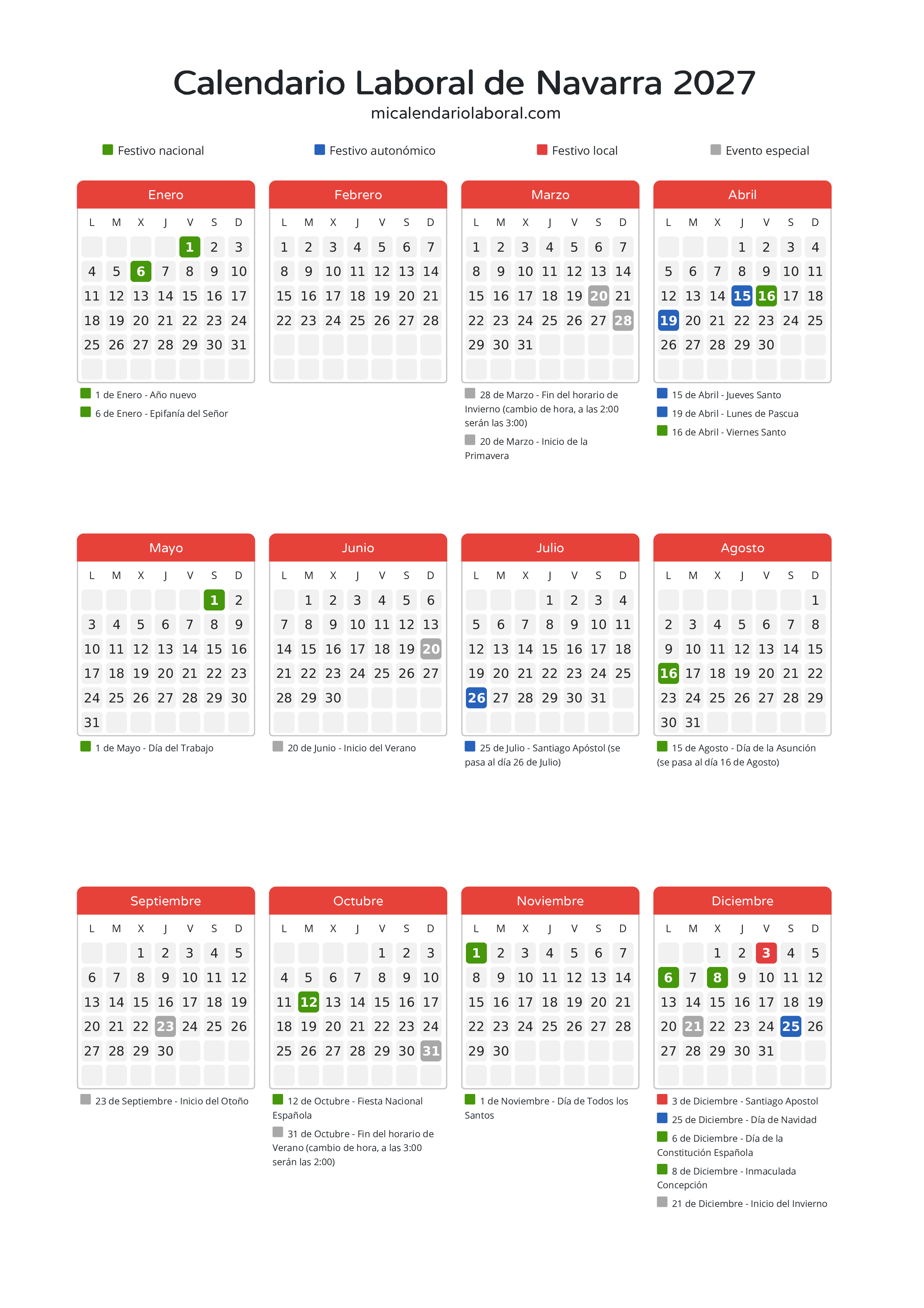 Calendario Laboral de Navarra 2027 - Días festivos - Descubre todos los festivos, días no laborables y días inhábiles en el calendario de Navarra propuestos por Gobierno de Navarra. Organiza tus vacaciones y puentes en 2027.