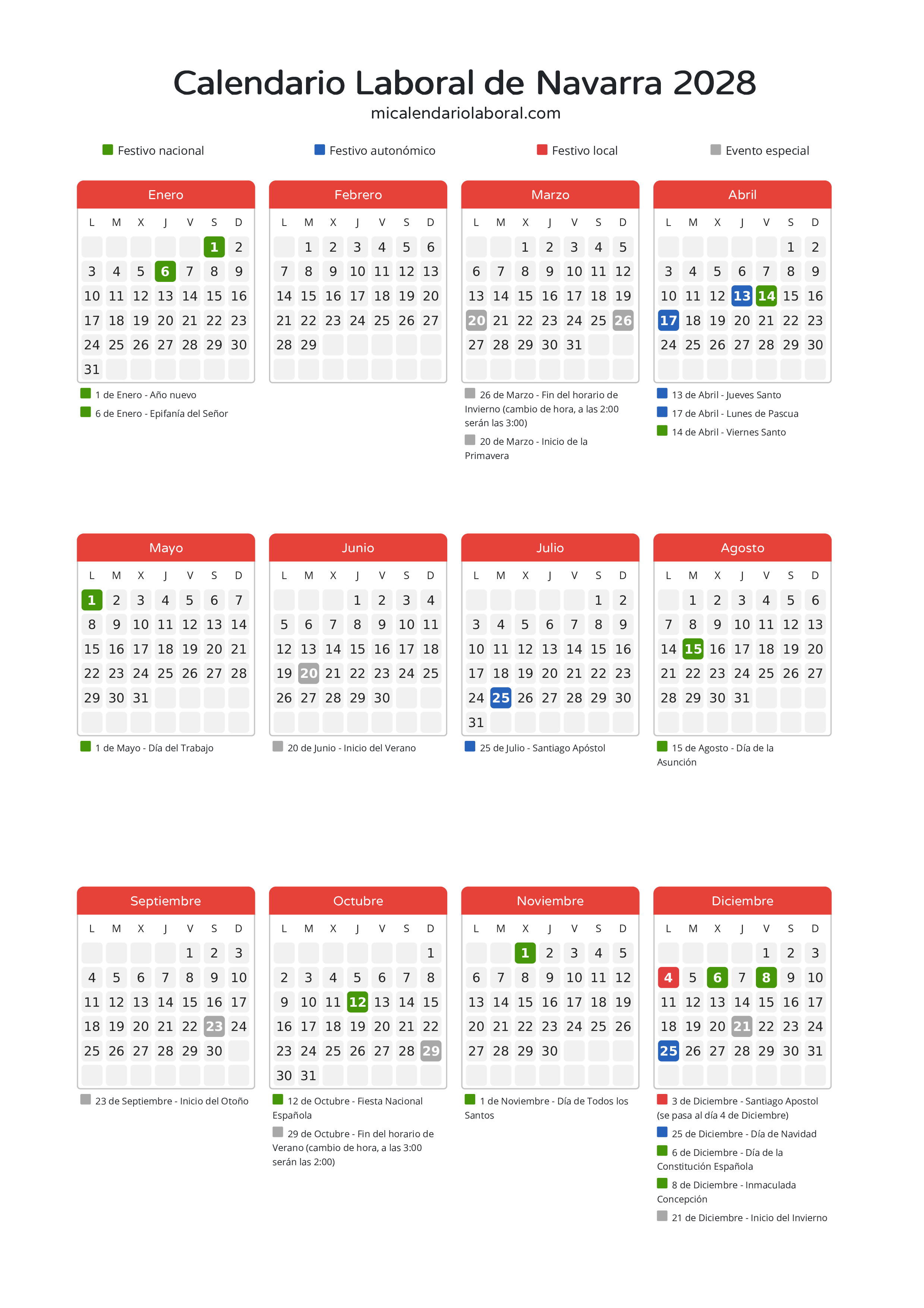Calendario Laboral de Navarra 2028 - Días festivos - Descubre todos los festivos, días no laborables y días inhábiles en el calendario de Navarra propuestos por Gobierno de Navarra. Organiza tus vacaciones y puentes en 2028.