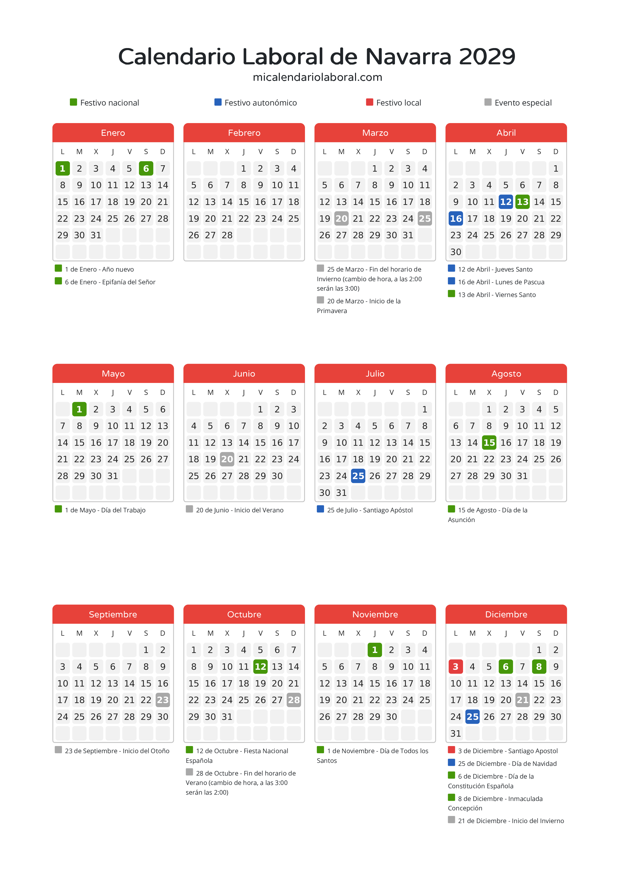 Calendario Laboral de Navarra 2029 - Días festivos - Descubre todos los festivos, días no laborables y días inhábiles en el calendario de Navarra propuestos por Gobierno de Navarra. Organiza tus vacaciones y puentes en 2029.