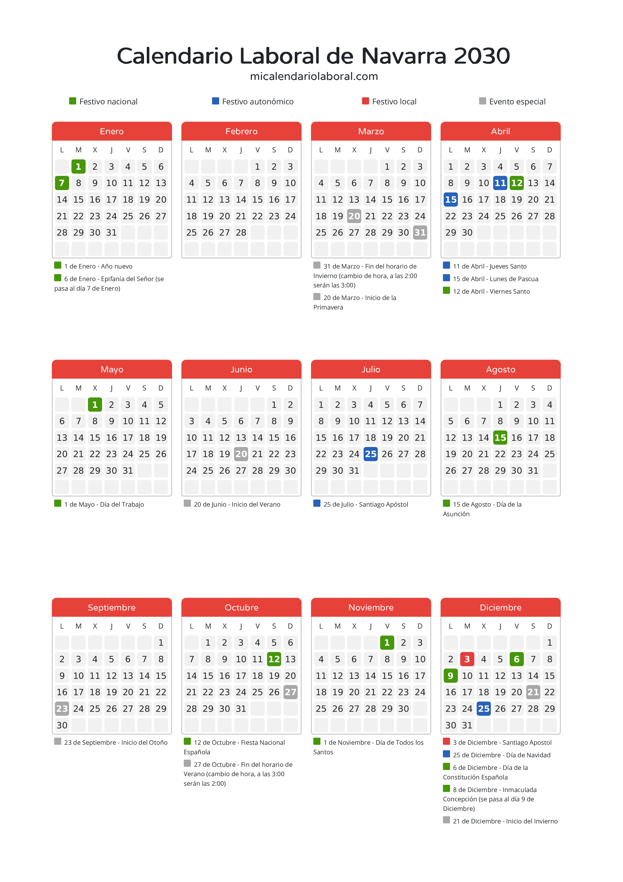 Calendario Laboral de Navarra 2030 - Días festivos - Todos los festivos y días no laborables del calendario de Navarra propuestos por Gobierno de Navarra. Organiza tus vacaciones y puentes en 2030.