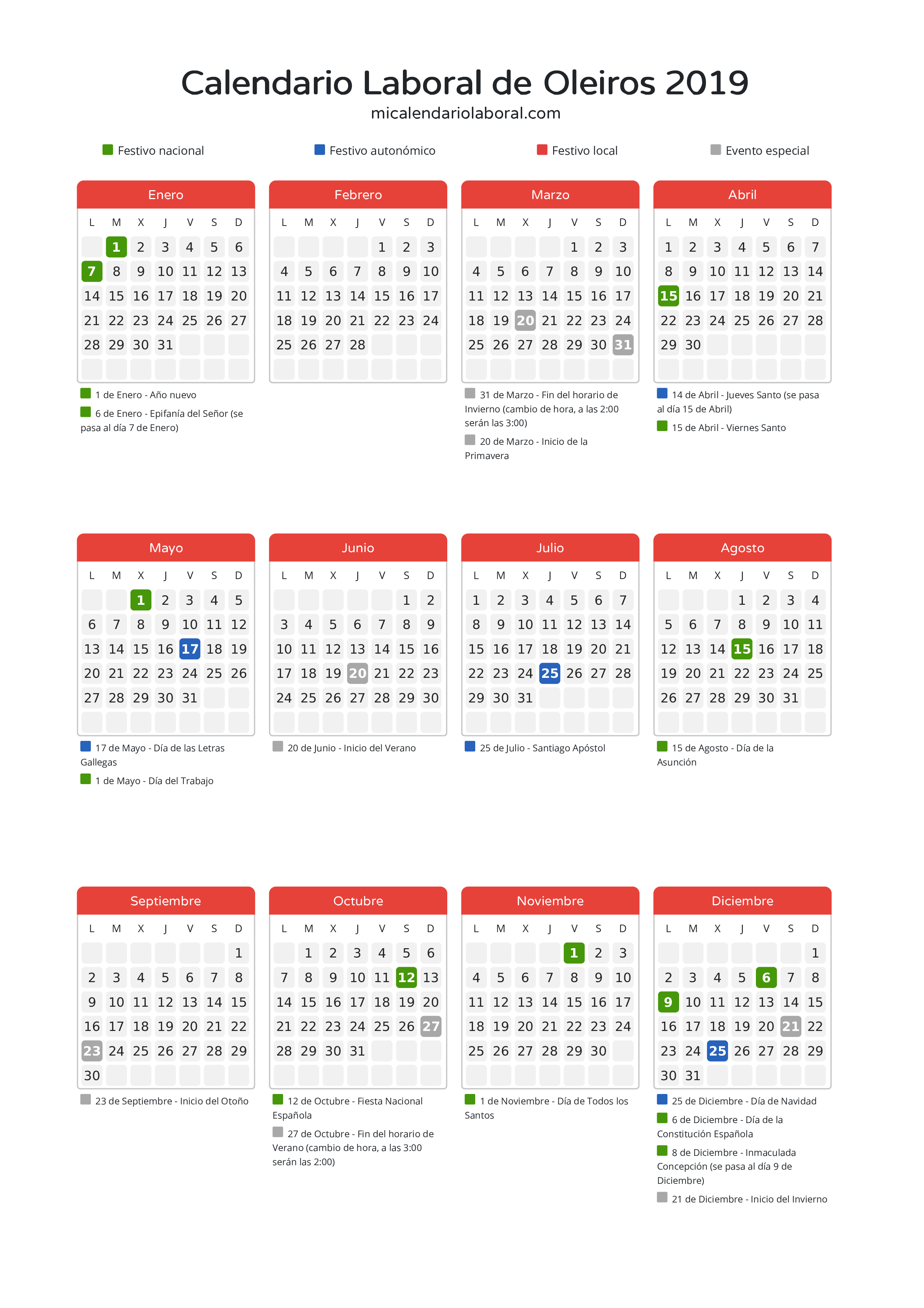 Calendario Laboral de Oleiros 2019 - Días festivos - Descubre todos los festivos, días no laborables y días inhábiles en el calendario de Oleiros propuestos por Xunta de Galicia. Organiza tus vacaciones y puentes en 2019.