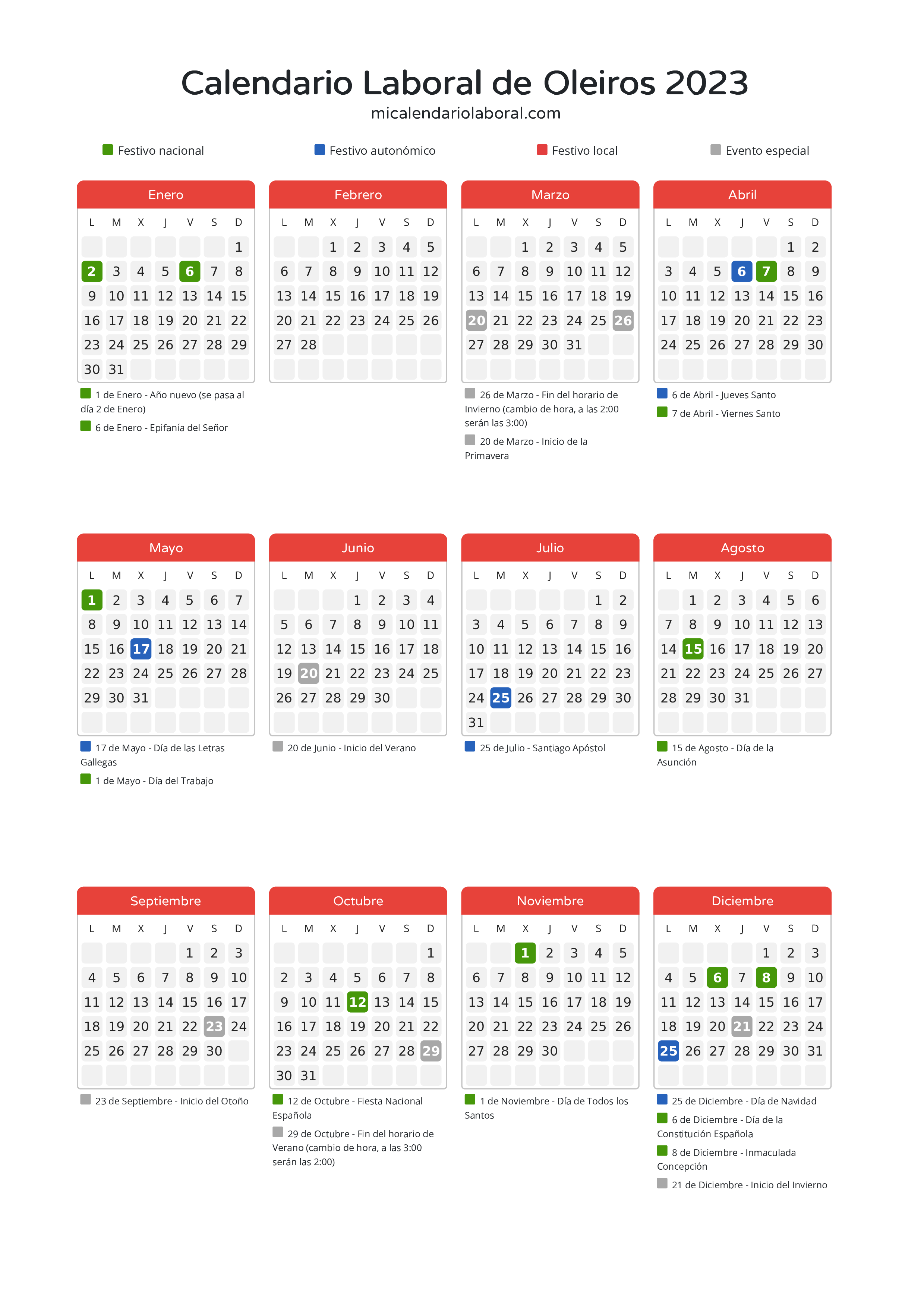 Calendario Laboral de Oleiros 2023 - Días festivos - Descubre todos los festivos, días no laborables y días inhábiles en el calendario de Oleiros propuestos por Xunta de Galicia. Organiza tus vacaciones y puentes en 2023.