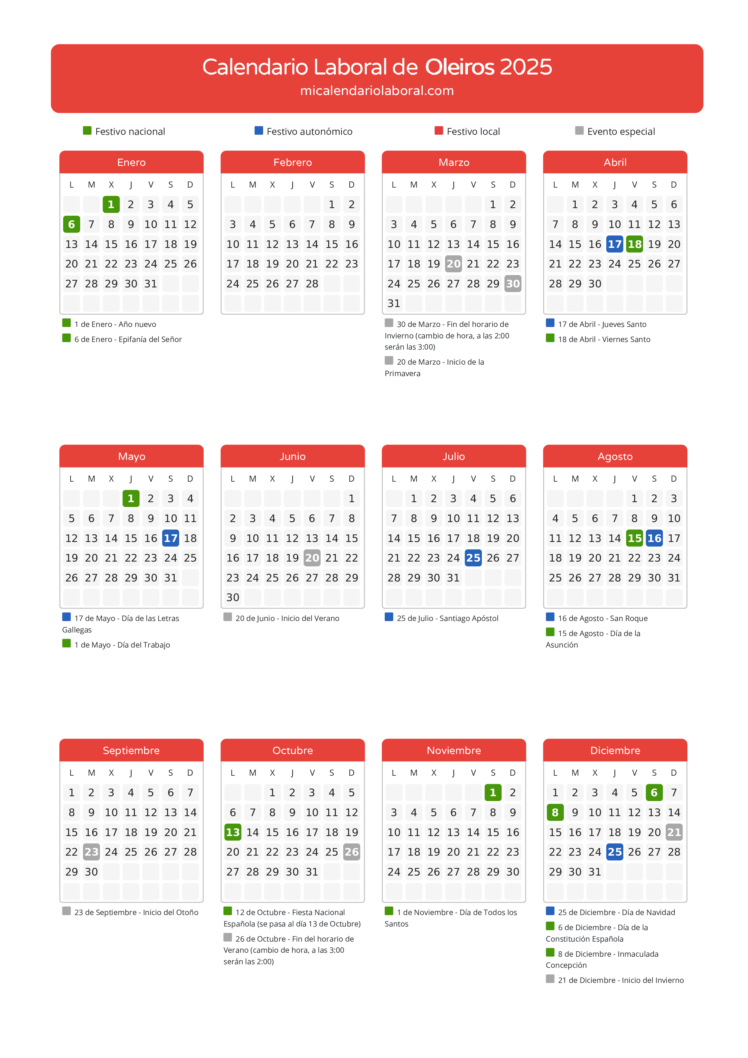 Calendario Laboral de Oleiros 2025 - Días festivos - Descubre todos los festivos, días no laborables y días inhábiles en el calendario de Oleiros propuestos por Xunta de Galicia. Organiza tus vacaciones y puentes en 2025.