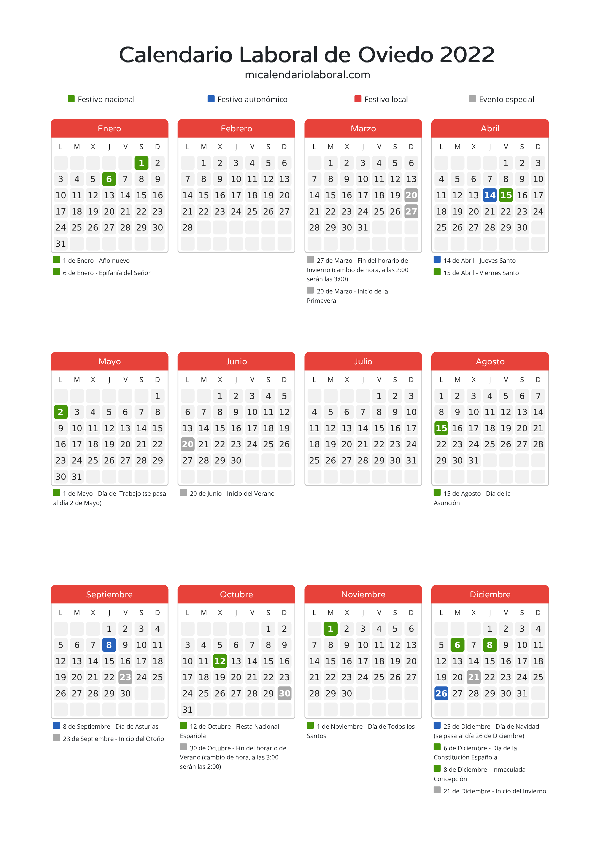 Calendario Laboral de Oviedo 2022 - Días festivos - Descubre todos los festivos, días no laborables y días inhábiles en el calendario de Oviedo propuestos por Gobierno del Principado de Asturias. Organiza tus vacaciones y puentes en 2022.