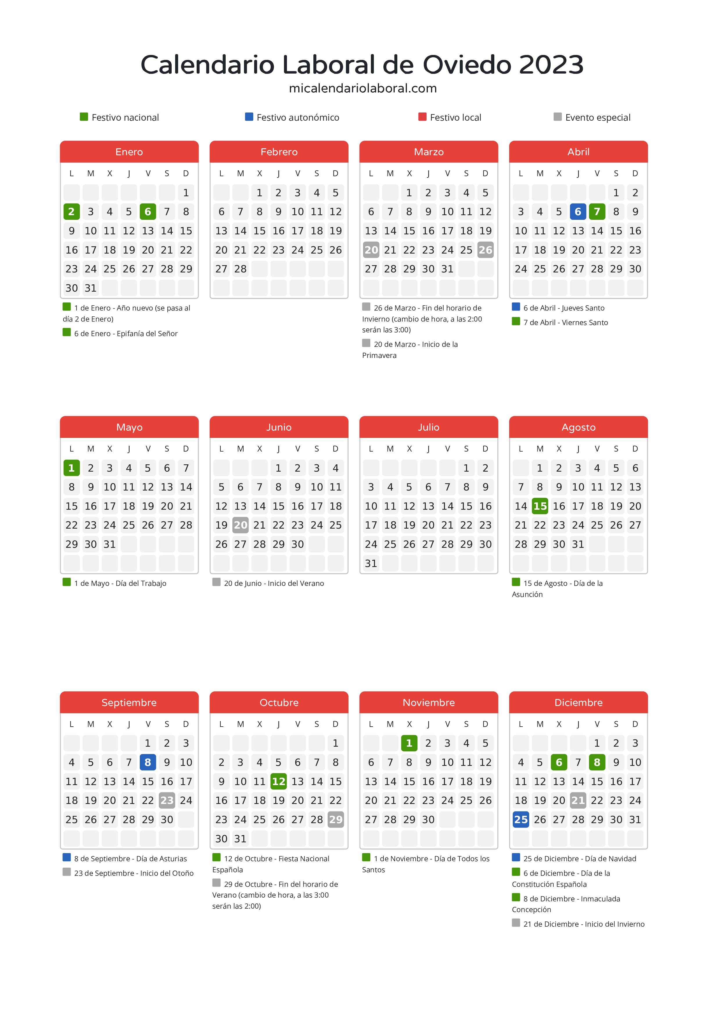 Calendario Laboral de Oviedo 2023 - Días festivos - Aquí tienes todos los días festivos, no laborables y días inhábiles de la provincia del calendario de Oviedo del año 2023