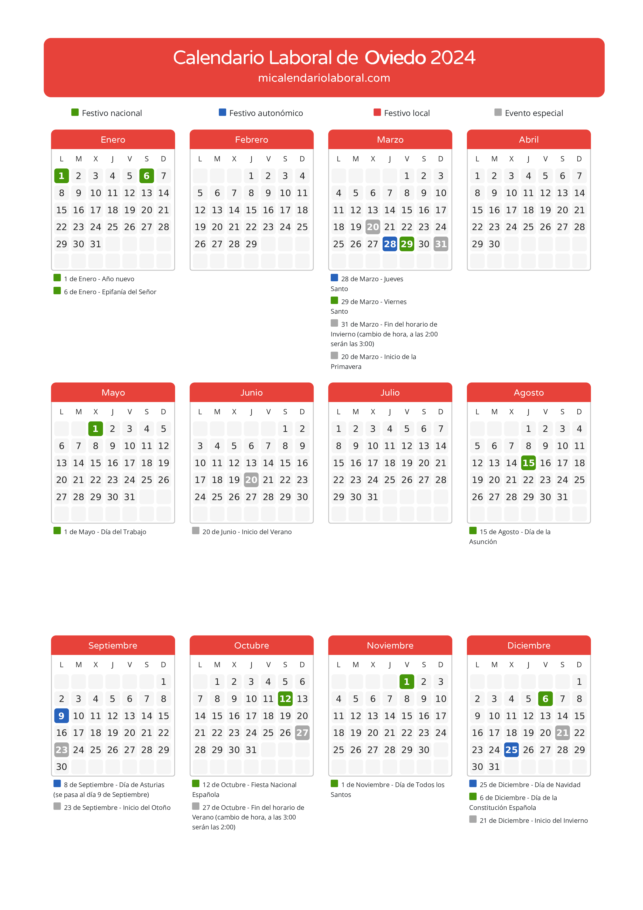 Calendario Laboral de Oviedo 2024 - Días festivos - Aquí tienes todos los días festivos, no laborables y días inhábiles de la provincia del calendario de Oviedo del año 2024