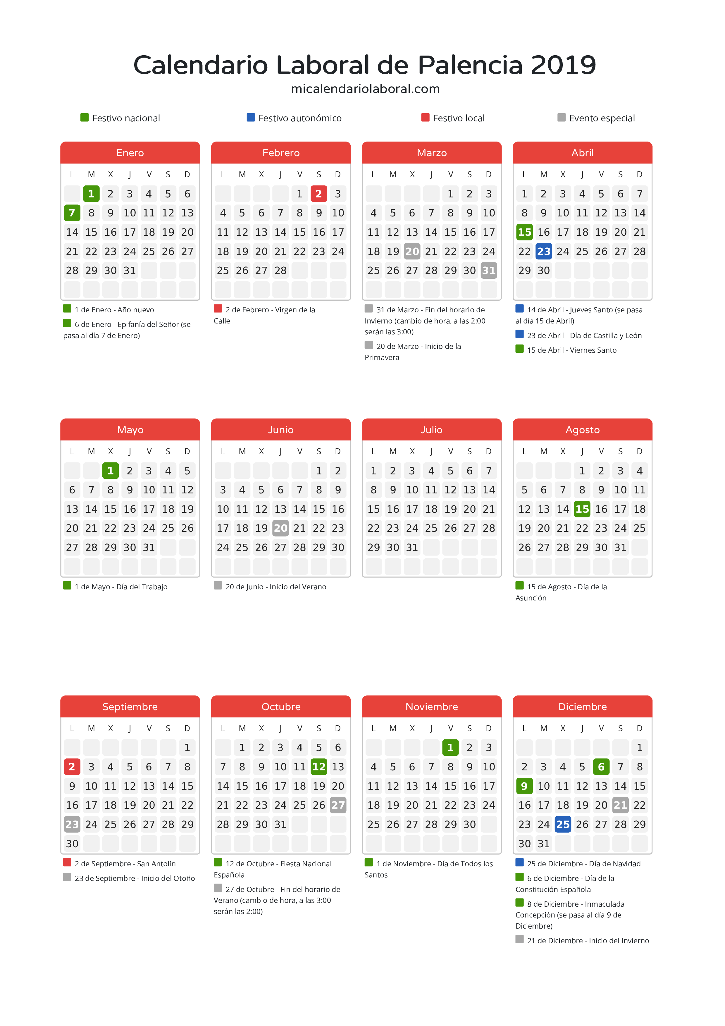 Calendario Laboral de Palencia 2019 - Días festivos - Descubre todos los festivos, días no laborables y días inhábiles en el calendario de Palencia propuestos por Junta de Castilla y León. Organiza tus vacaciones y puentes en 2019.