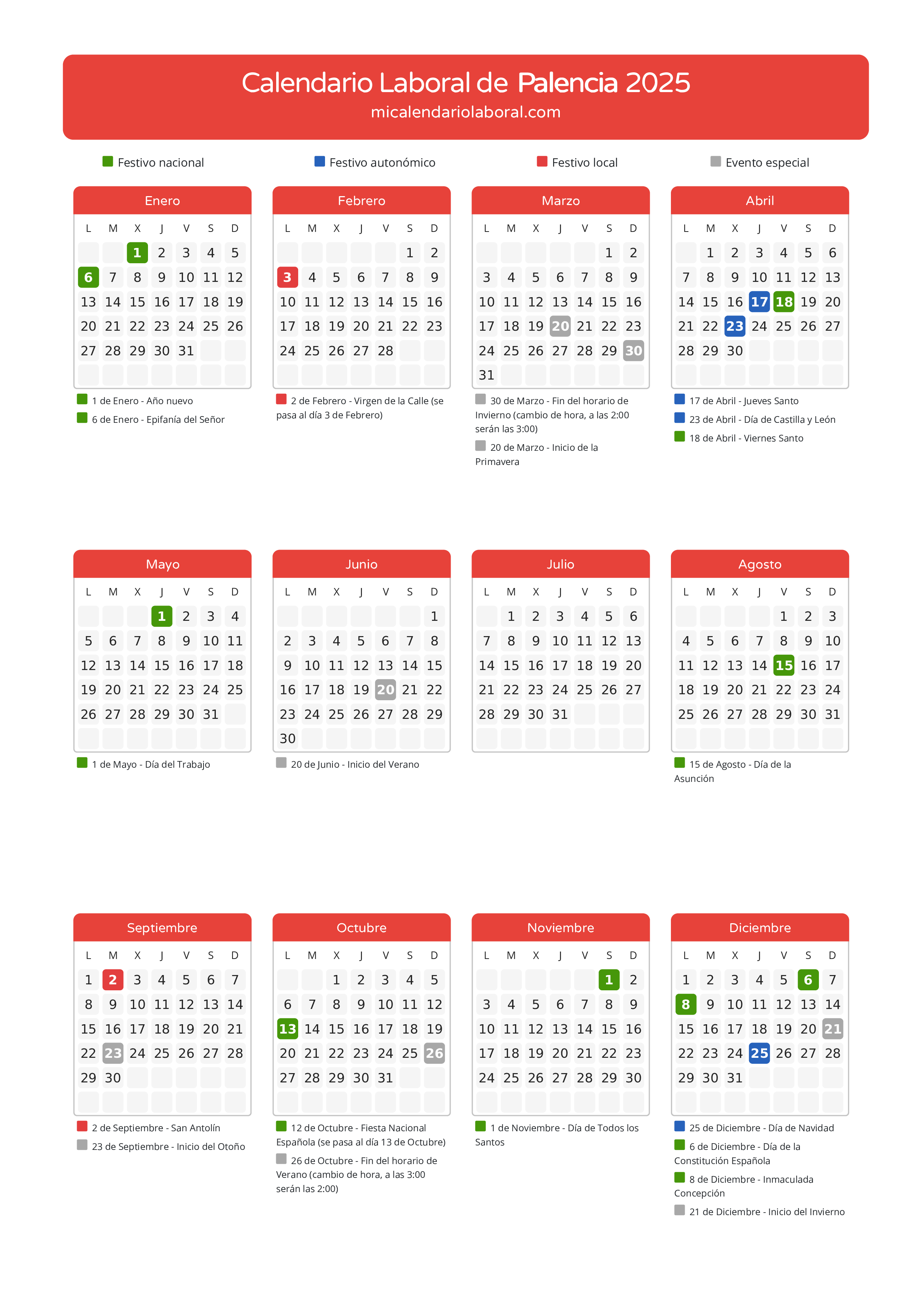 Calendario Laboral de Palencia 2025 - Días festivos - Descubre todos los festivos, días no laborables y días inhábiles en el calendario de la provincia de Palencia propuestos por Junta de Castilla y León. Anticípate a los eventos y organiza tus vacaciones y puentes en 2025.