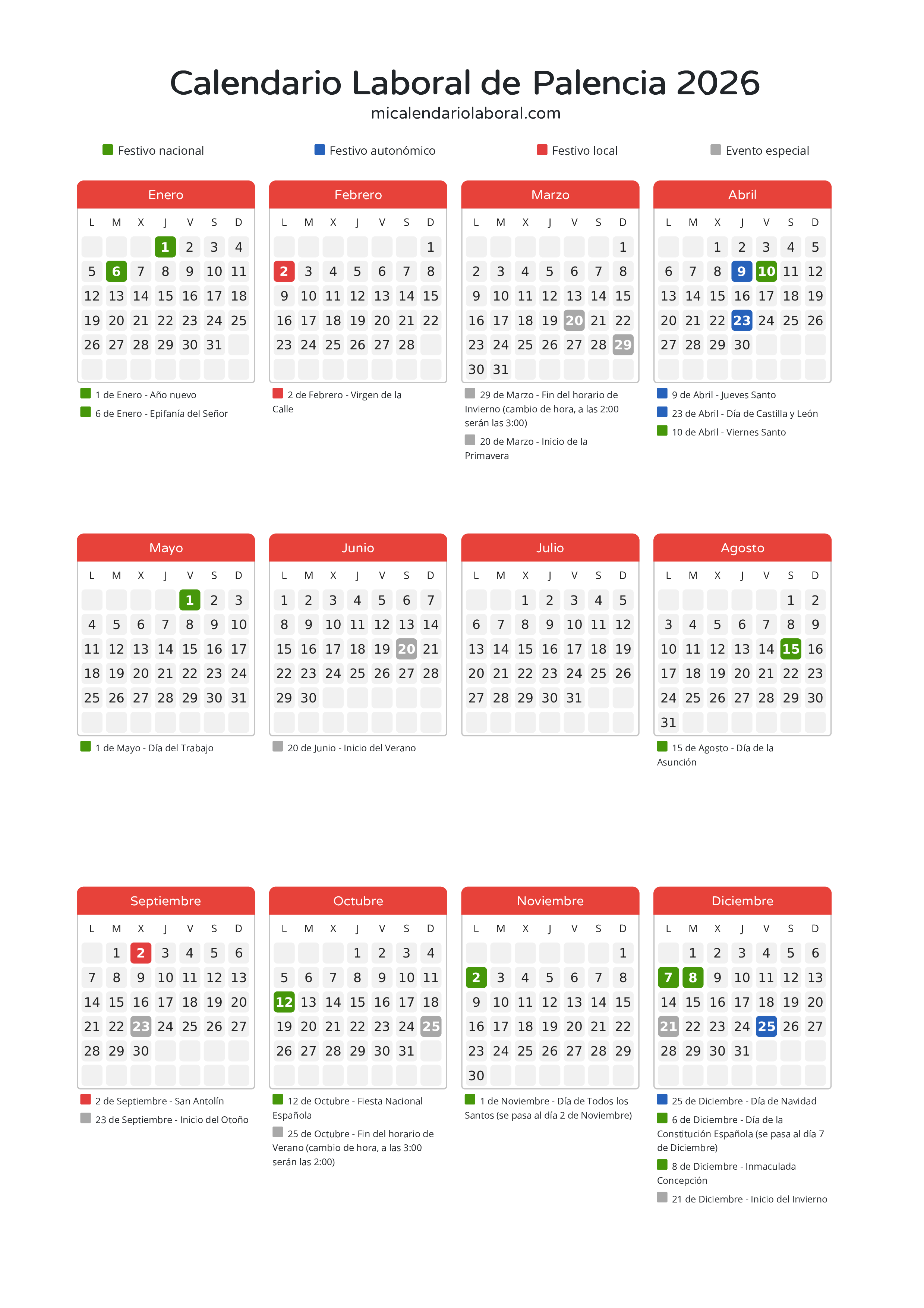 Calendario Laboral de Palencia 2026 - Días festivos - Descubre todos los festivos, días no laborables y días inhábiles en el calendario de Palencia propuestos por Junta de Castilla y León. Organiza tus vacaciones y puentes en 2026.