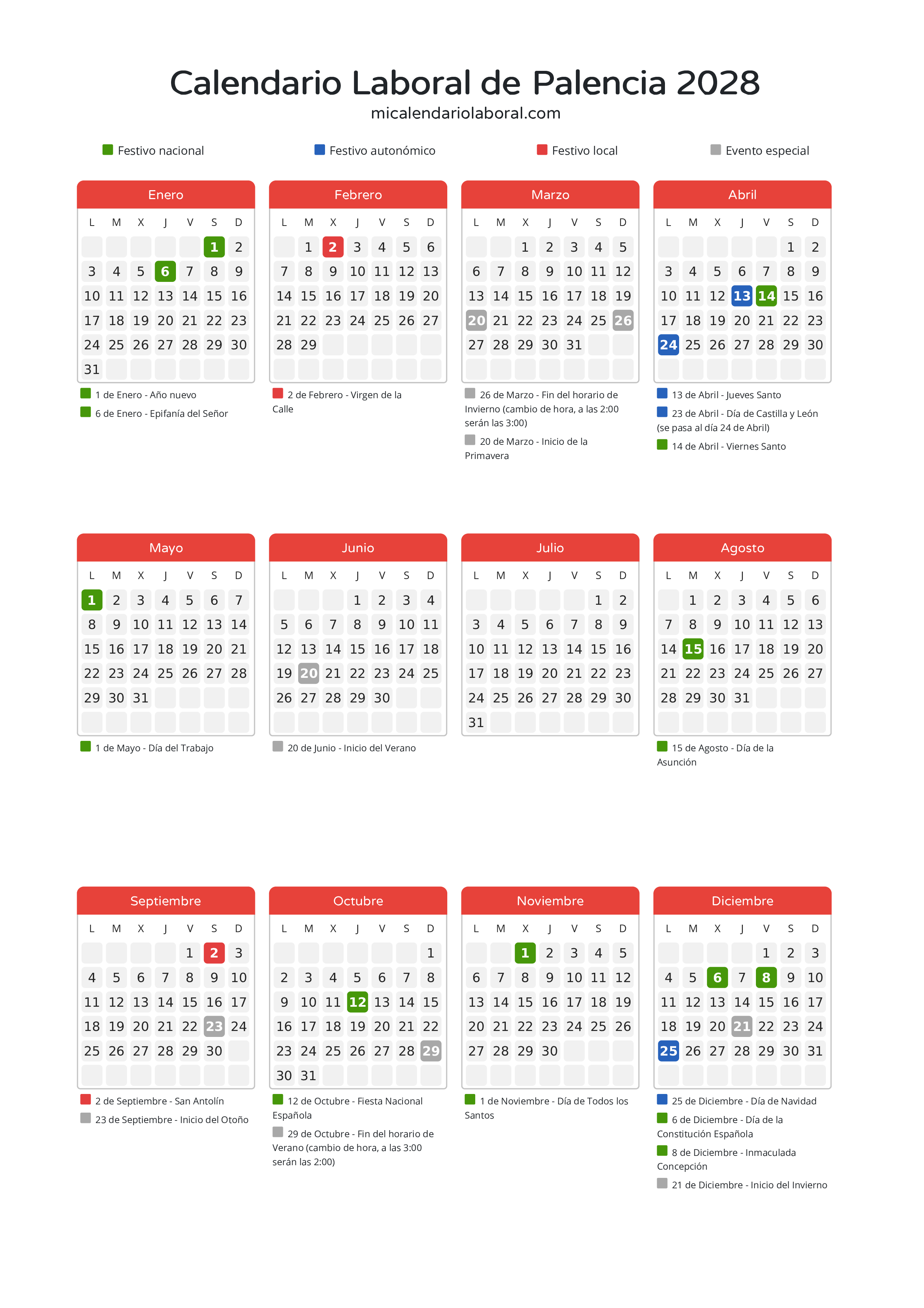 Calendario Laboral de Palencia 2028 - Días festivos - Descubre todos los festivos, días no laborables y días inhábiles en el calendario de Palencia propuestos por Junta de Castilla y León. Organiza tus vacaciones y puentes en 2028.