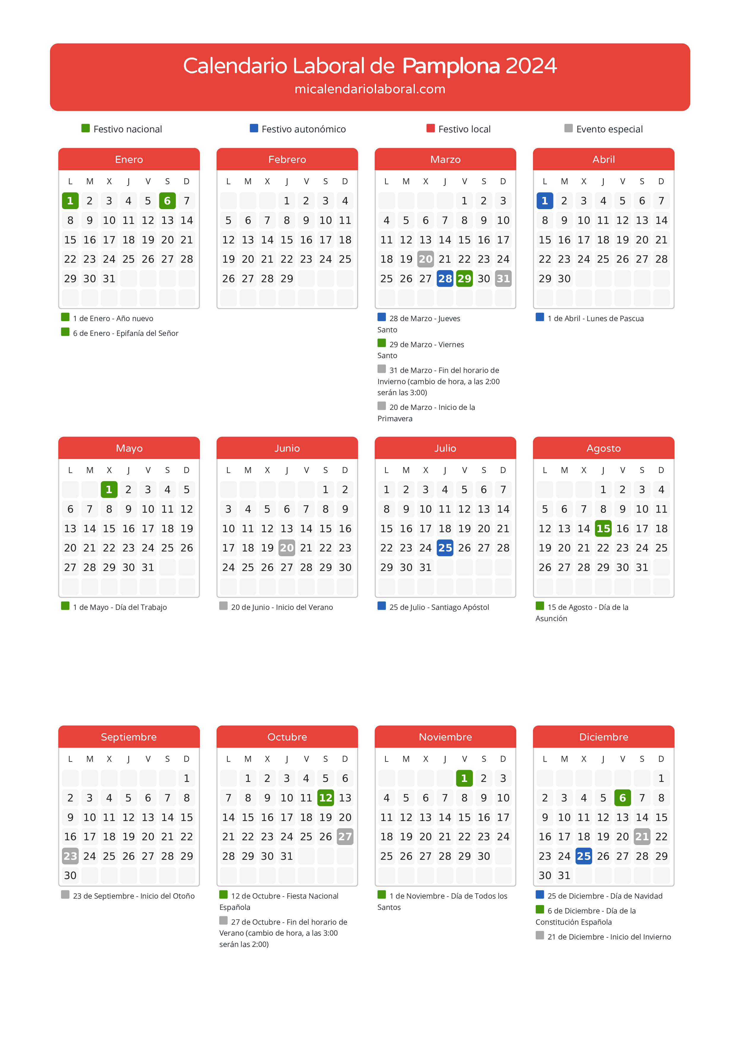 Calendario Laboral de Pamplona 2024 - Días festivos - Descubre todos los festivos, días no laborables y días inhábiles en el calendario de la provincia de Pamplona propuestos por Gobierno de Navarra. Anticípate a los eventos y organiza tus vacaciones y puentes en 2024.