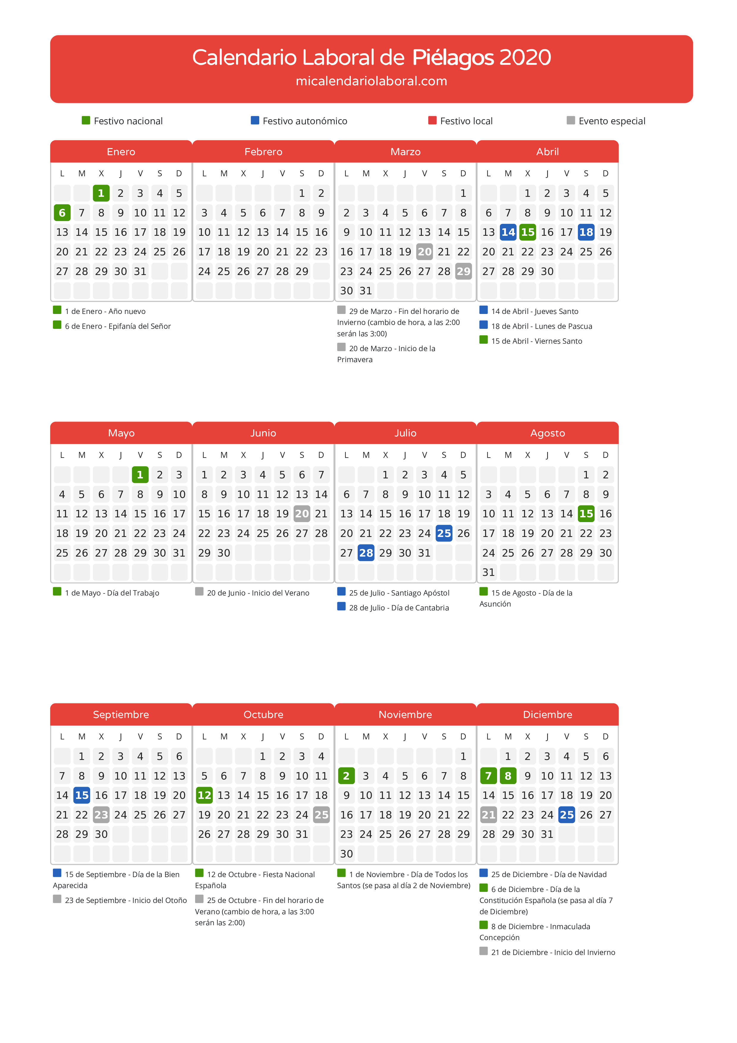 Calendario Laboral de Piélagos 2020 - Días festivos - Descubre todos los festivos, días no laborables y días inhábiles en el calendario de Piélagos propuestos por Gobierno de Cantabria. Organiza tus vacaciones y puentes en 2020.