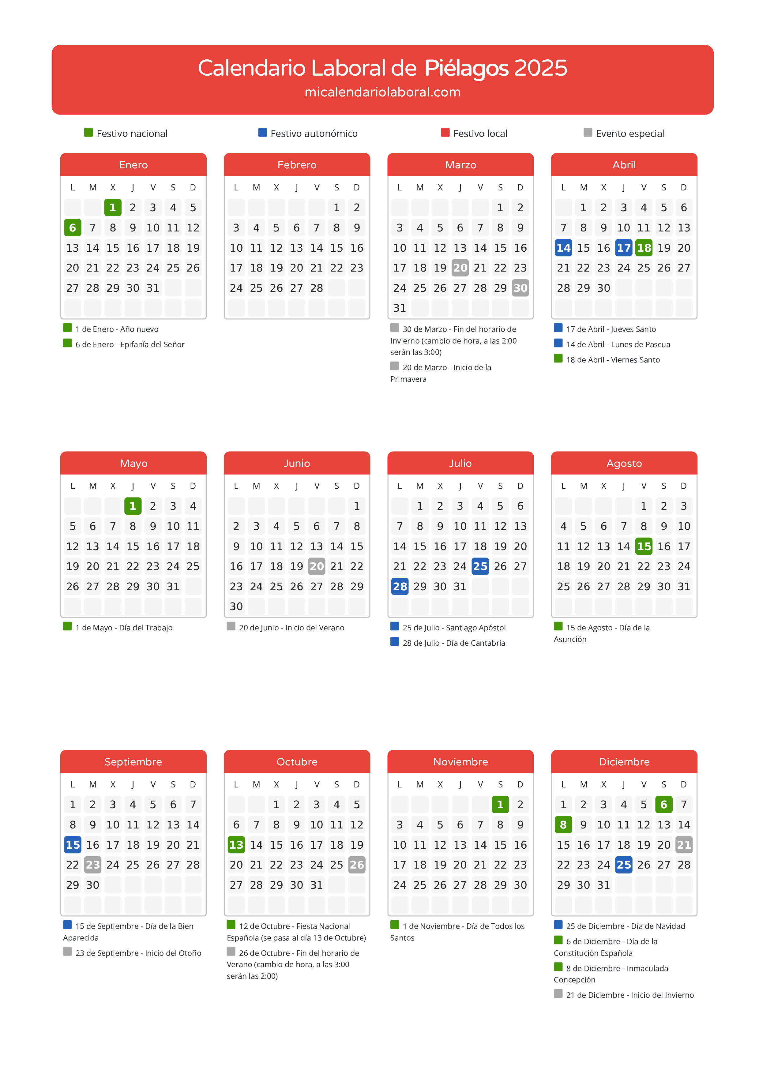 Calendario Laboral de Piélagos 2025 - Días festivos - Descubre todos los festivos, días no laborables y días inhábiles en el calendario de la provincia de Piélagos propuestos por Gobierno de Cantabria. Anticípate a los eventos y organiza tus vacaciones y puentes en 2025.