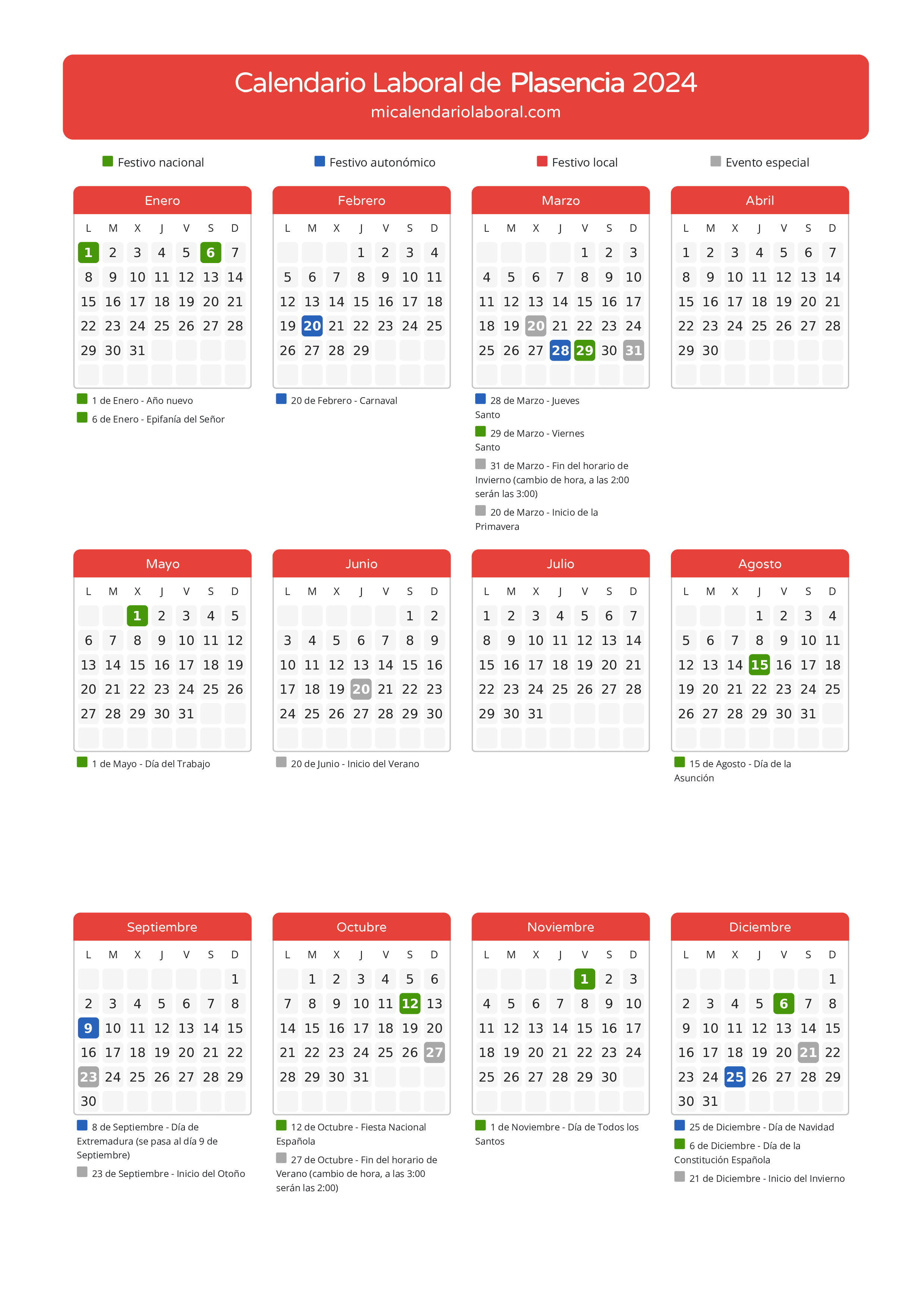 Calendario Laboral de Plasencia 2024 - Días festivos - Descubre todos los festivos, días no laborables y días inhábiles en el calendario de la provincia de Plasencia propuestos por Junta de Extremadura. Anticípate a los eventos y organiza tus vacaciones y puentes en 2024.