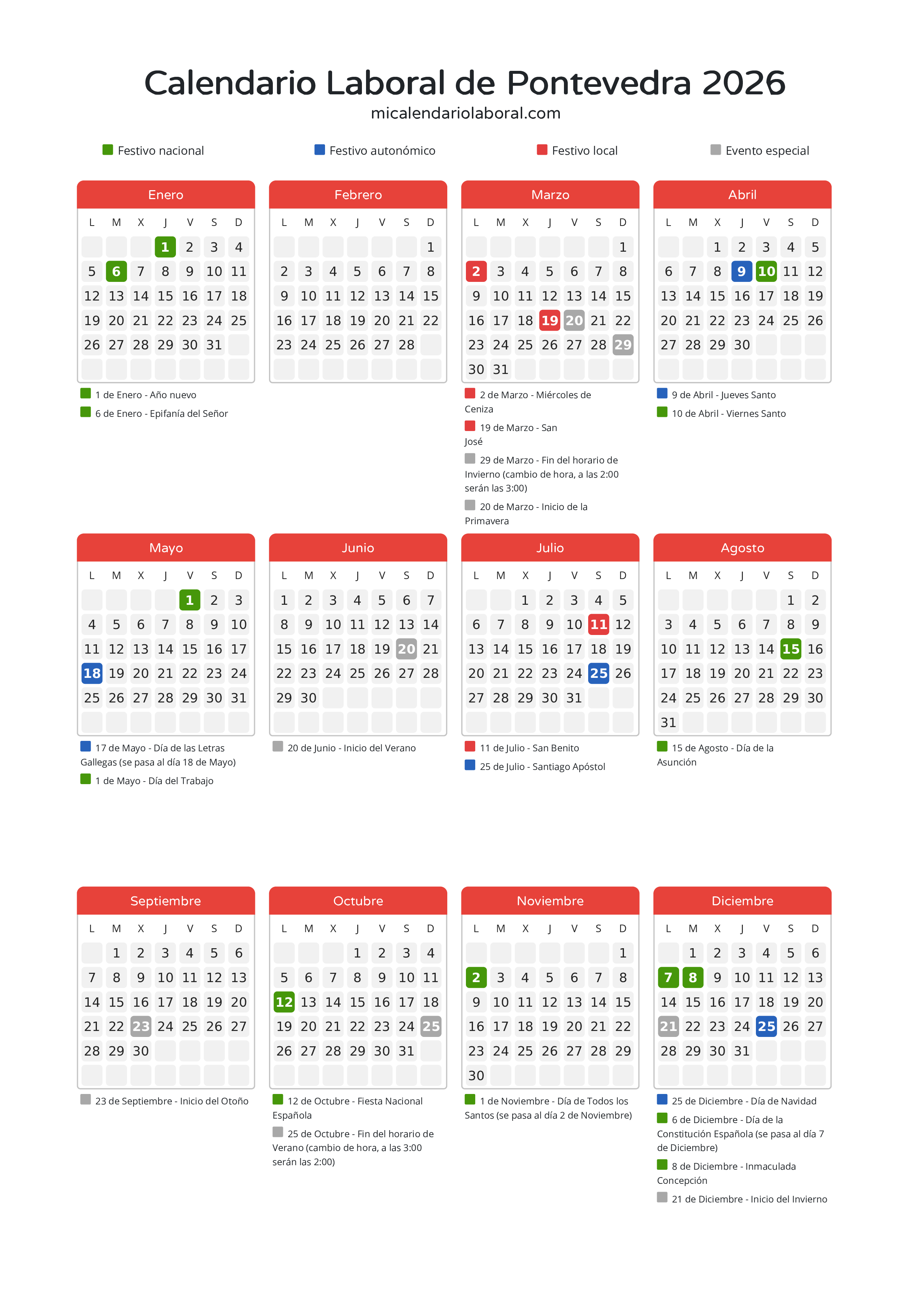 Calendario Laboral de Pontevedra 2026 - Días festivos - Descubre todos los festivos, días no laborables y días inhábiles en el calendario de Pontevedra propuestos por Xunta de Galicia. Organiza tus vacaciones y puentes en 2026.
