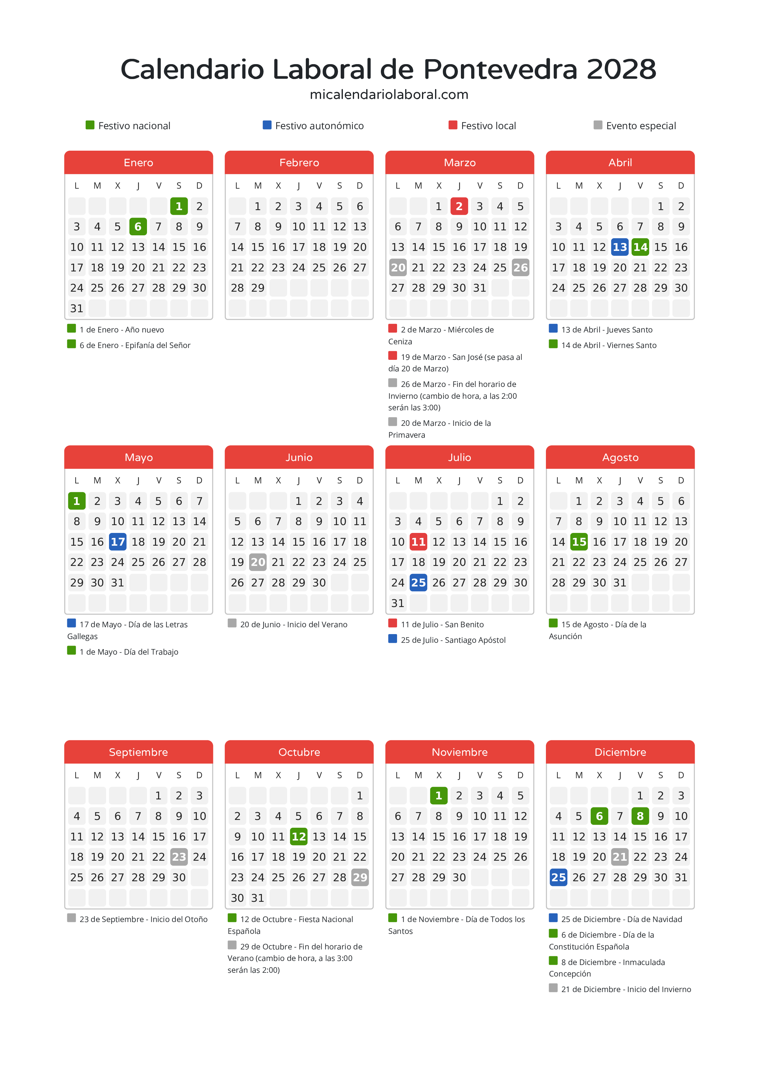 Calendario Laboral de Pontevedra 2028 - Días festivos - Todos los festivos y días no laborables del calendario de Pontevedra propuestos por Xunta de Galicia. Organiza tus vacaciones y puentes en 2028.