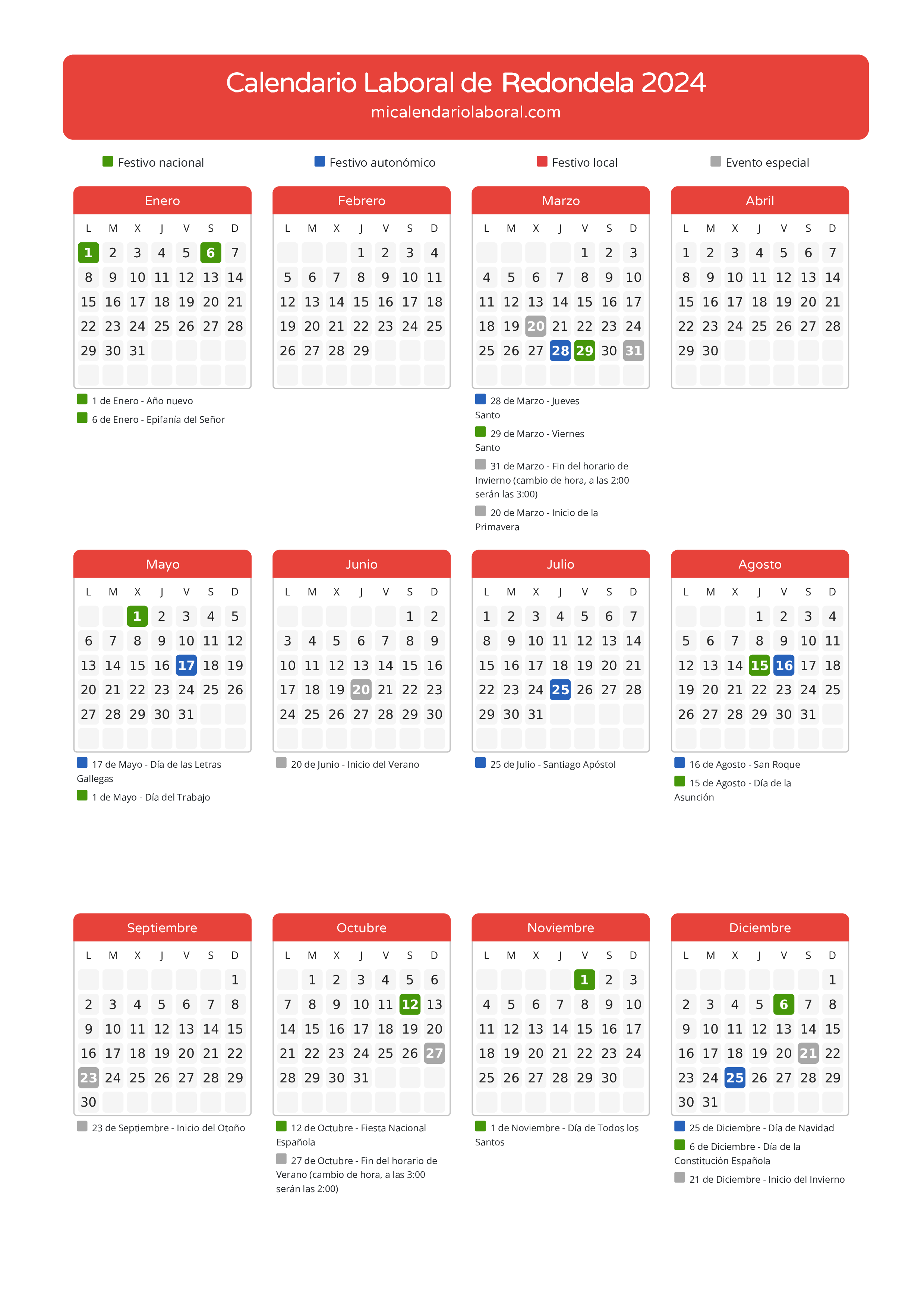 Calendario Laboral de Redondela 2024 - Días festivos - Descubre todos los festivos, días no laborables y días inhábiles en el calendario de la provincia de Redondela propuestos por Xunta de Galicia. Anticípate a los eventos y organiza tus vacaciones y puentes en 2024.