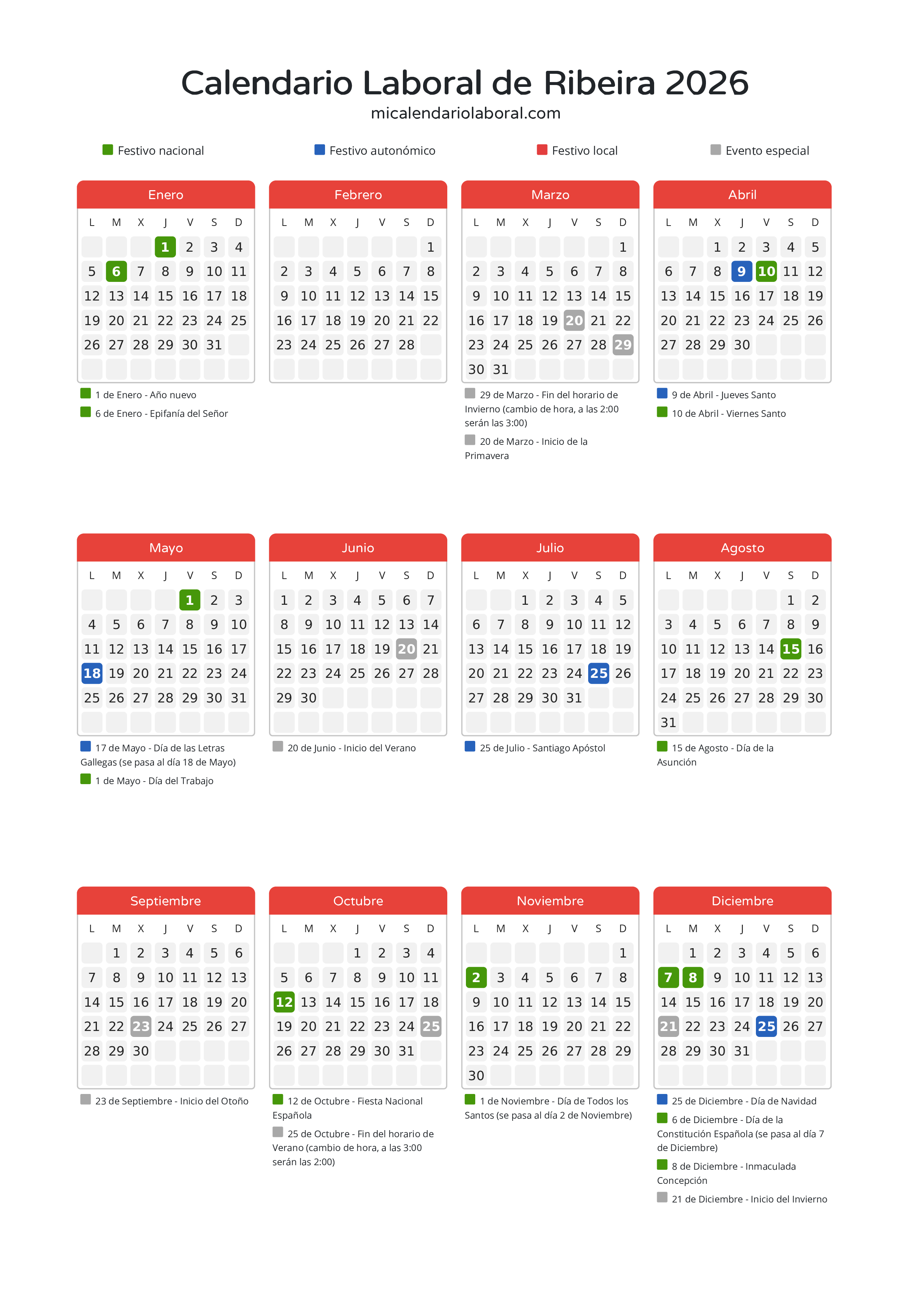 Calendario Laboral de Ribeira 2026 - Días festivos - Descubre todos los festivos, días no laborables y días inhábiles en el calendario de Ribeira propuestos por Xunta de Galicia. Organiza tus vacaciones y puentes en 2026.