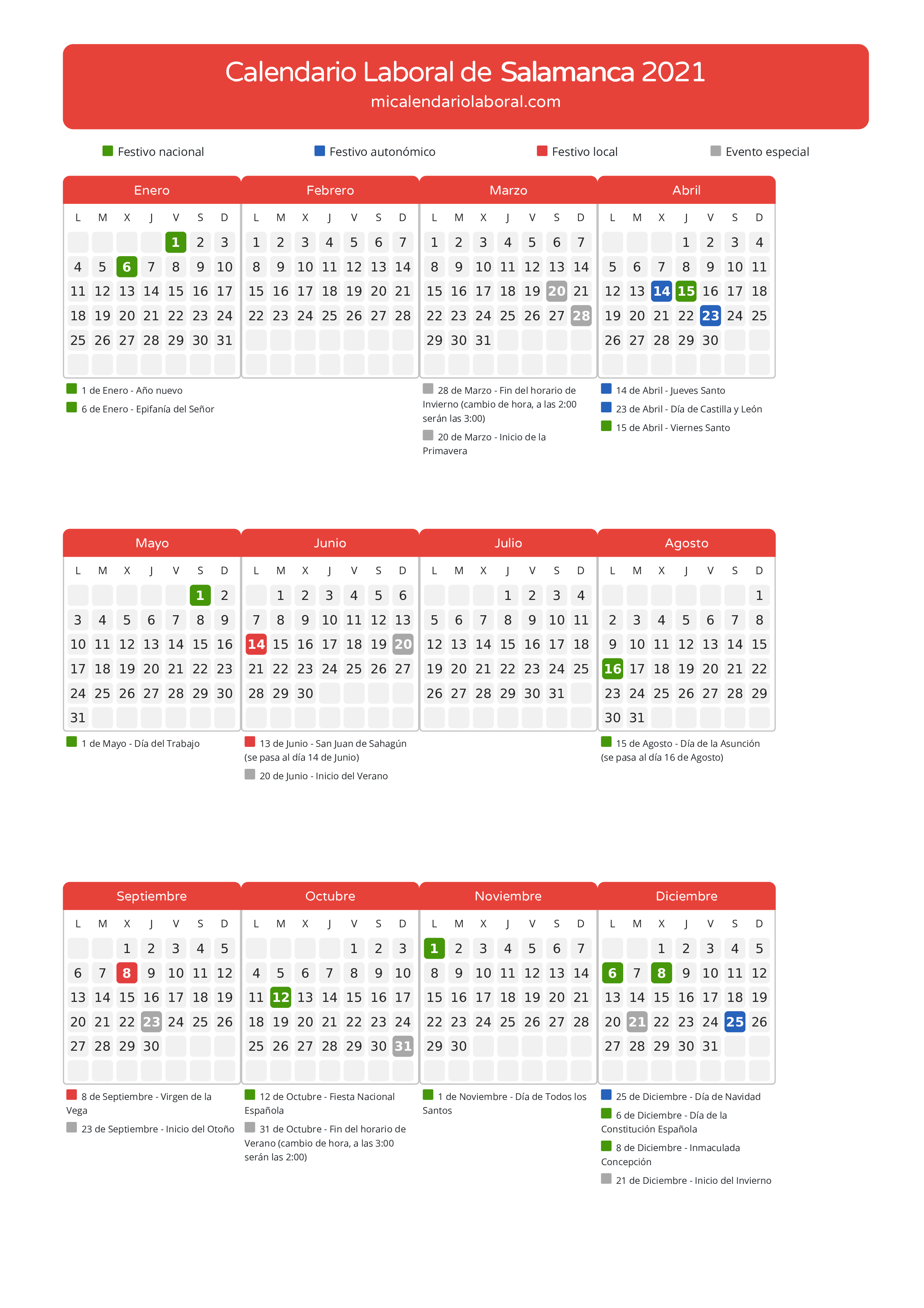 Calendario Laboral de Salamanca 2021 - Días festivos - Descubre todos los festivos, días no laborables y días inhábiles en el calendario de Salamanca propuestos por Junta de Castilla y León. Organiza tus vacaciones y puentes en 2021.