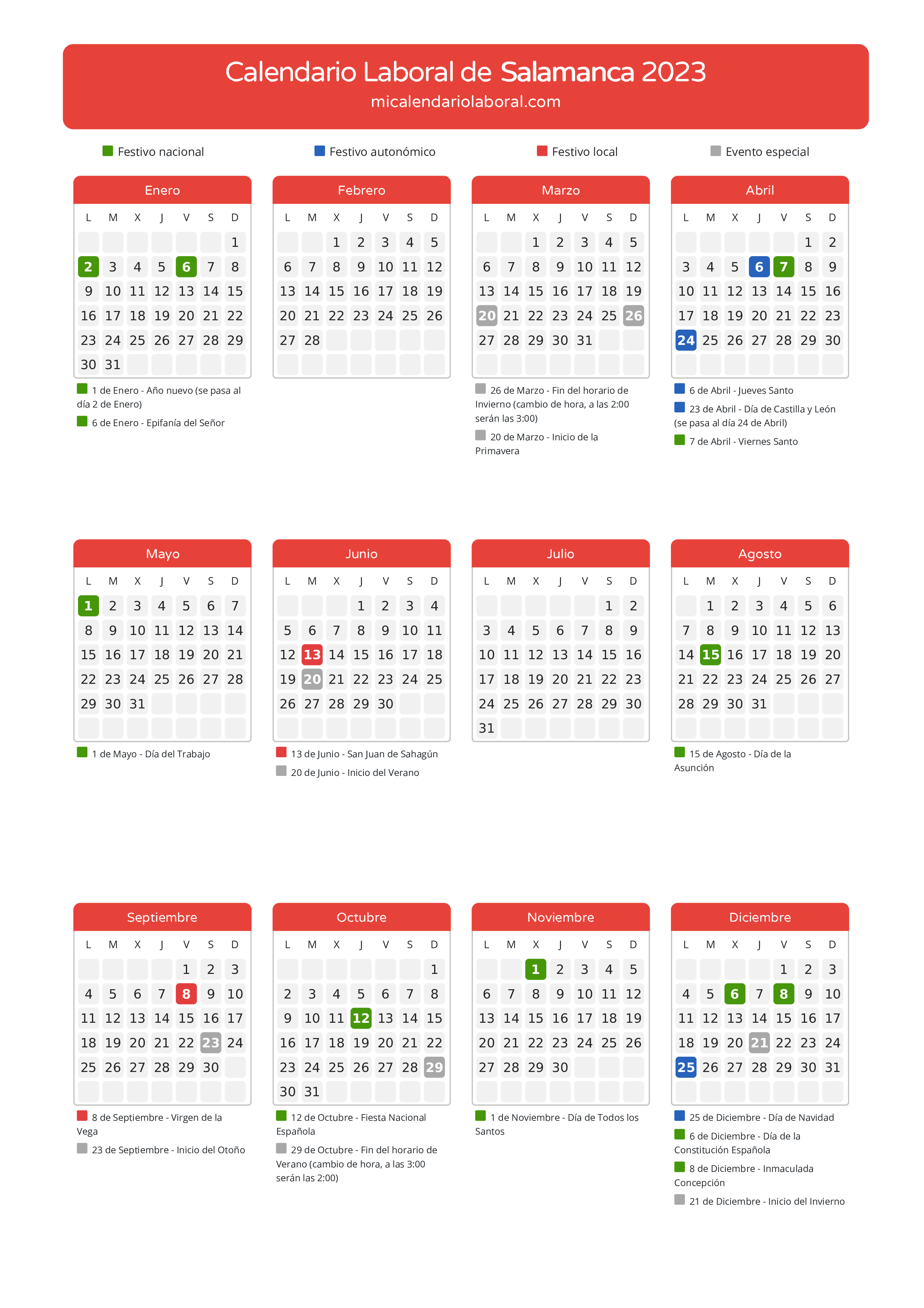 Calendario Laboral de Salamanca 2023 - Días festivos - Descubre todos los festivos, días no laborables y días inhábiles en el calendario de la provincia de Salamanca propuestos por Junta de Castilla y León. Anticípate a los eventos y organiza tus vacaciones y puentes en 2023.