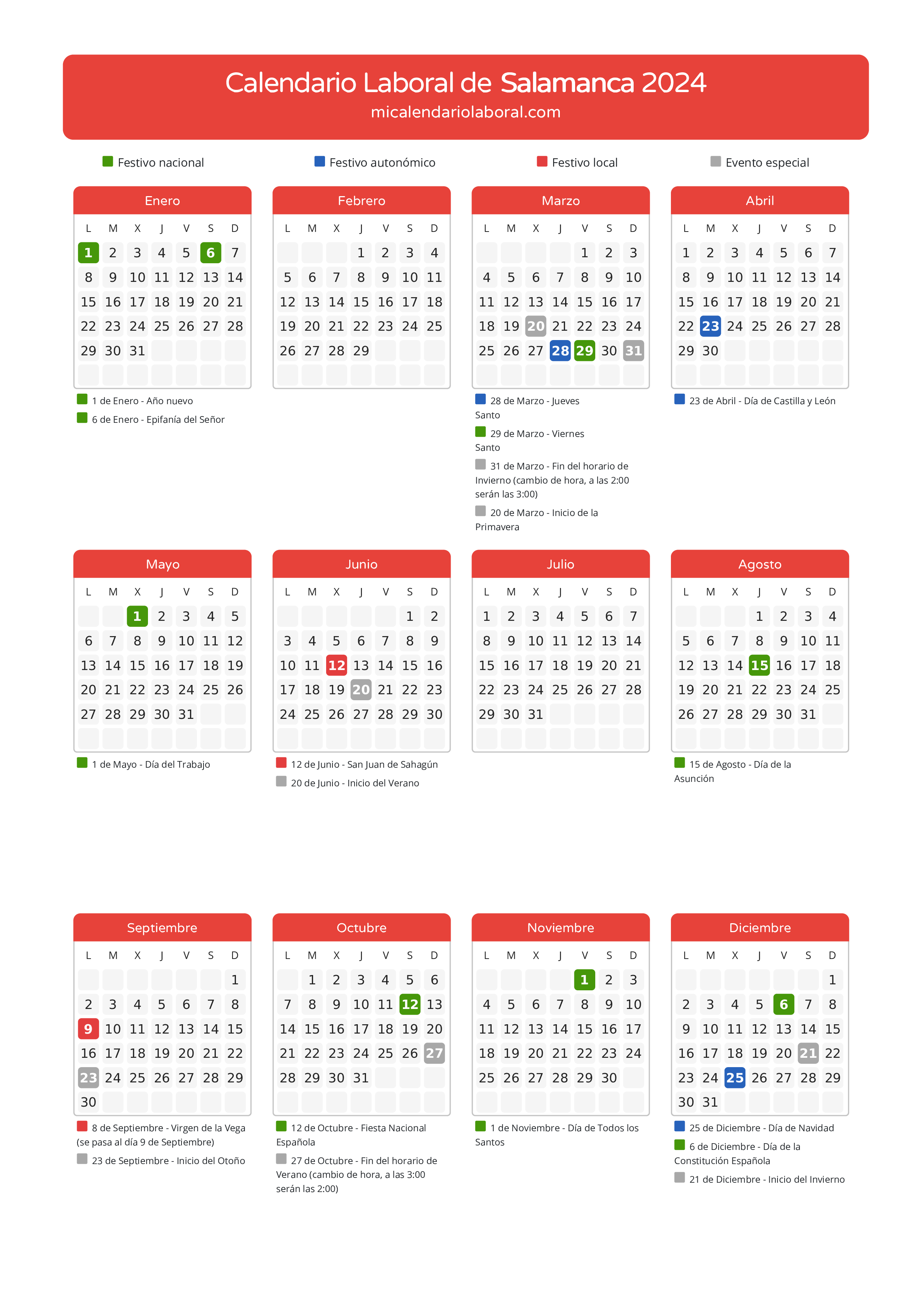 Calendario Laboral de Salamanca 2024 - Días festivos - Descubre todos los festivos, días no laborables y días inhábiles en el calendario de la provincia de Salamanca propuestos por Junta de Castilla y León. Anticípate a los eventos y organiza tus vacaciones y puentes en 2024.