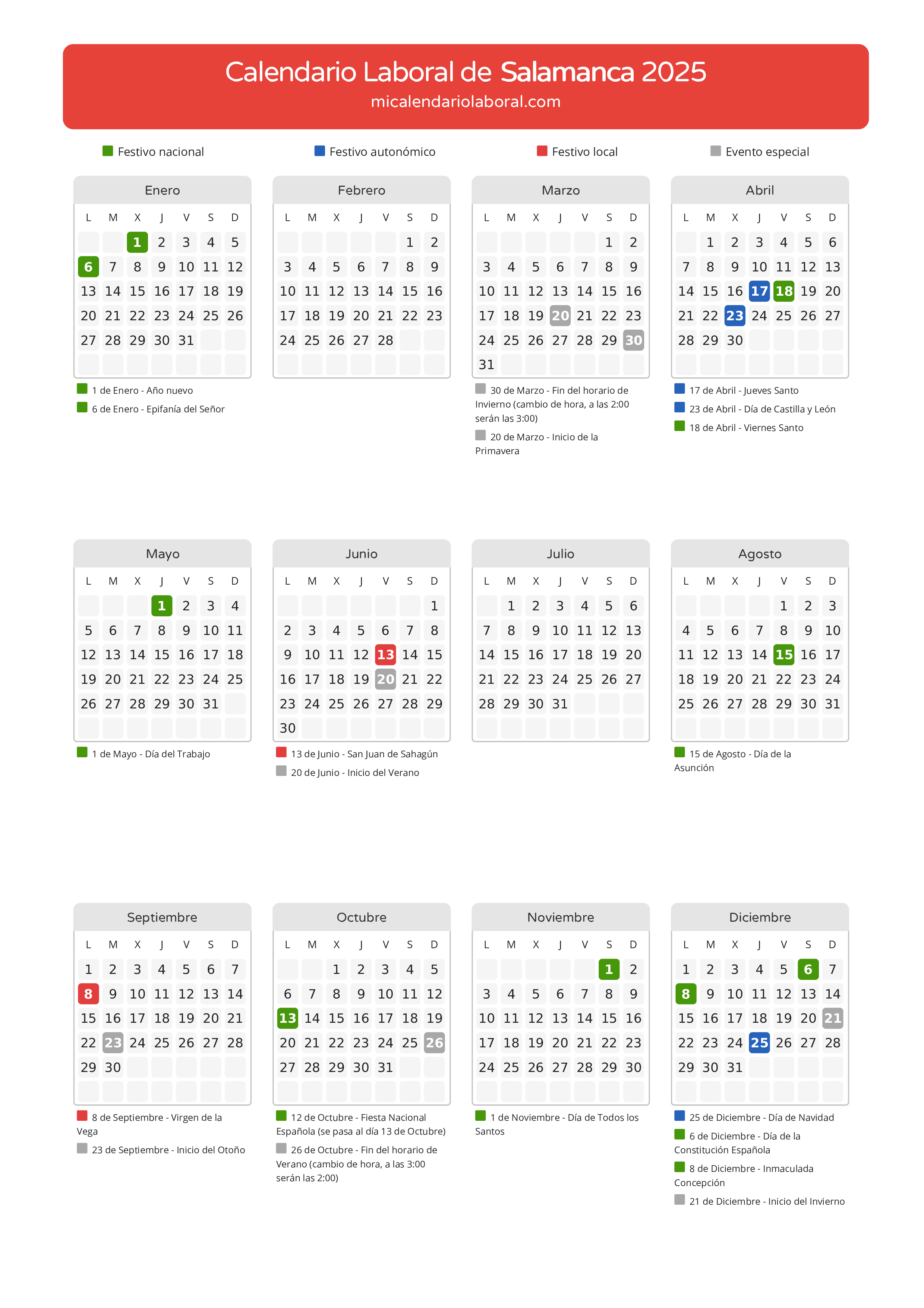 Calendario Laboral de Salamanca 2025 - Días festivos - Descubre todos los festivos, días no laborables y días inhábiles en el calendario de la provincia de Salamanca propuestos por Junta de Castilla y León. Anticípate a los eventos y organiza tus vacaciones y puentes en 2025.