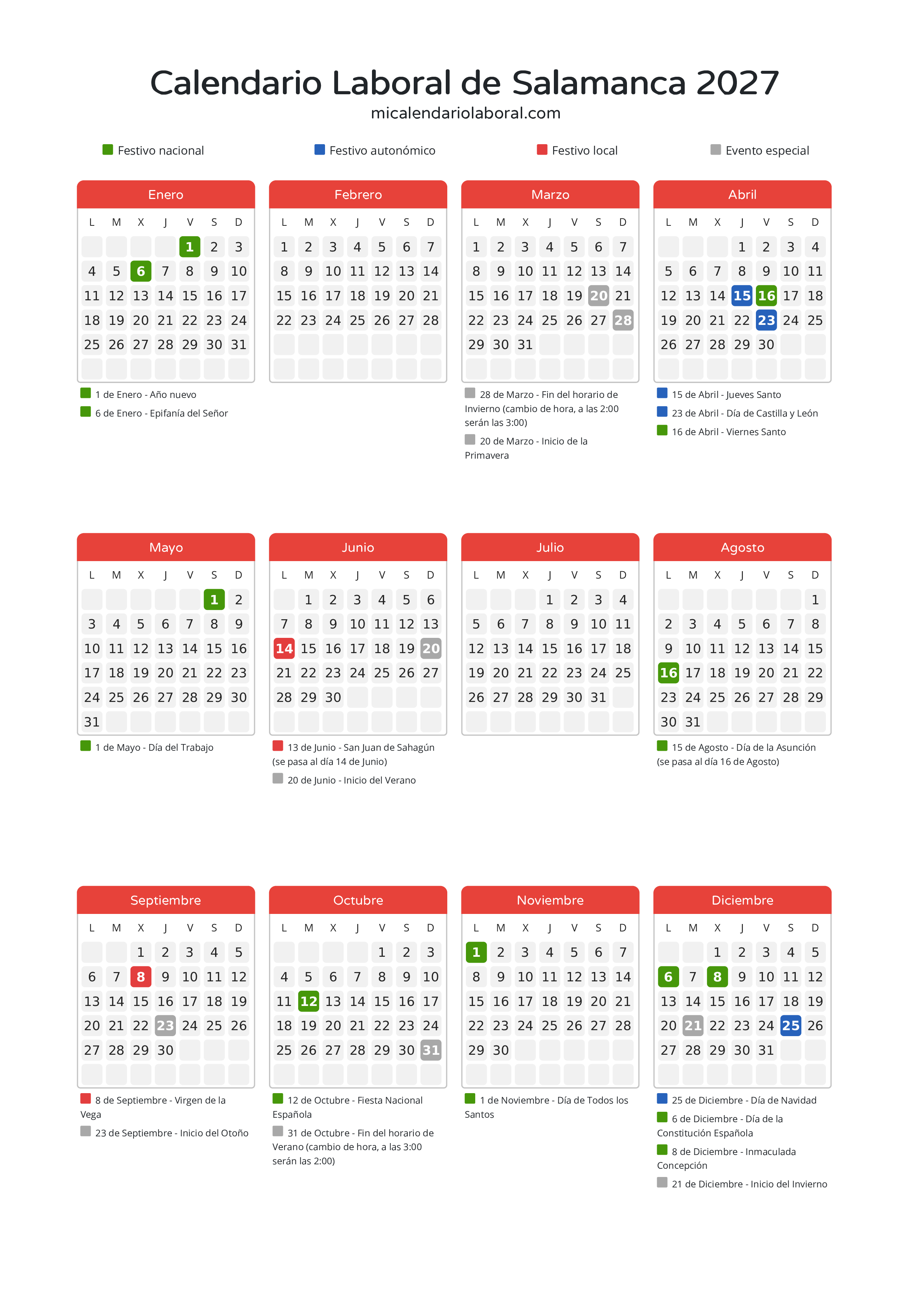 Calendario Laboral de Salamanca 2027 - Días festivos - Descubre todos los festivos, días no laborables y días inhábiles en el calendario de Salamanca propuestos por Junta de Castilla y León. Organiza tus vacaciones y puentes en 2027.