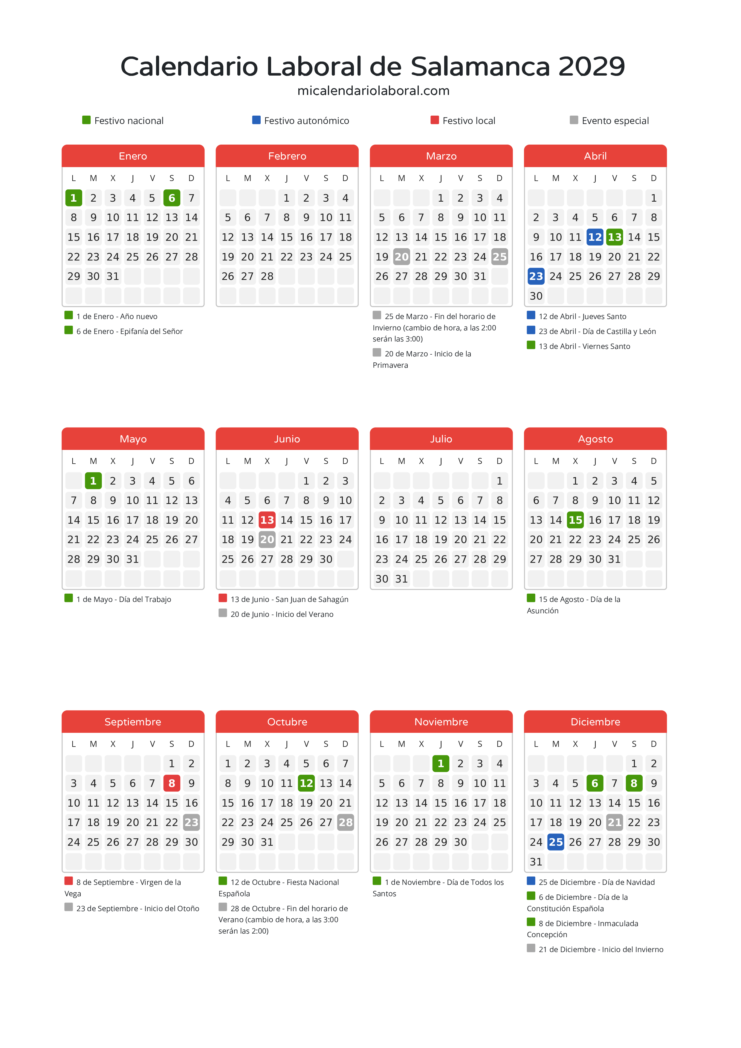 Calendario Laboral de Salamanca 2029 - Días festivos - Descubre todos los festivos, días no laborables y días inhábiles en el calendario de Salamanca propuestos por Junta de Castilla y León. Organiza tus vacaciones y puentes en 2029.